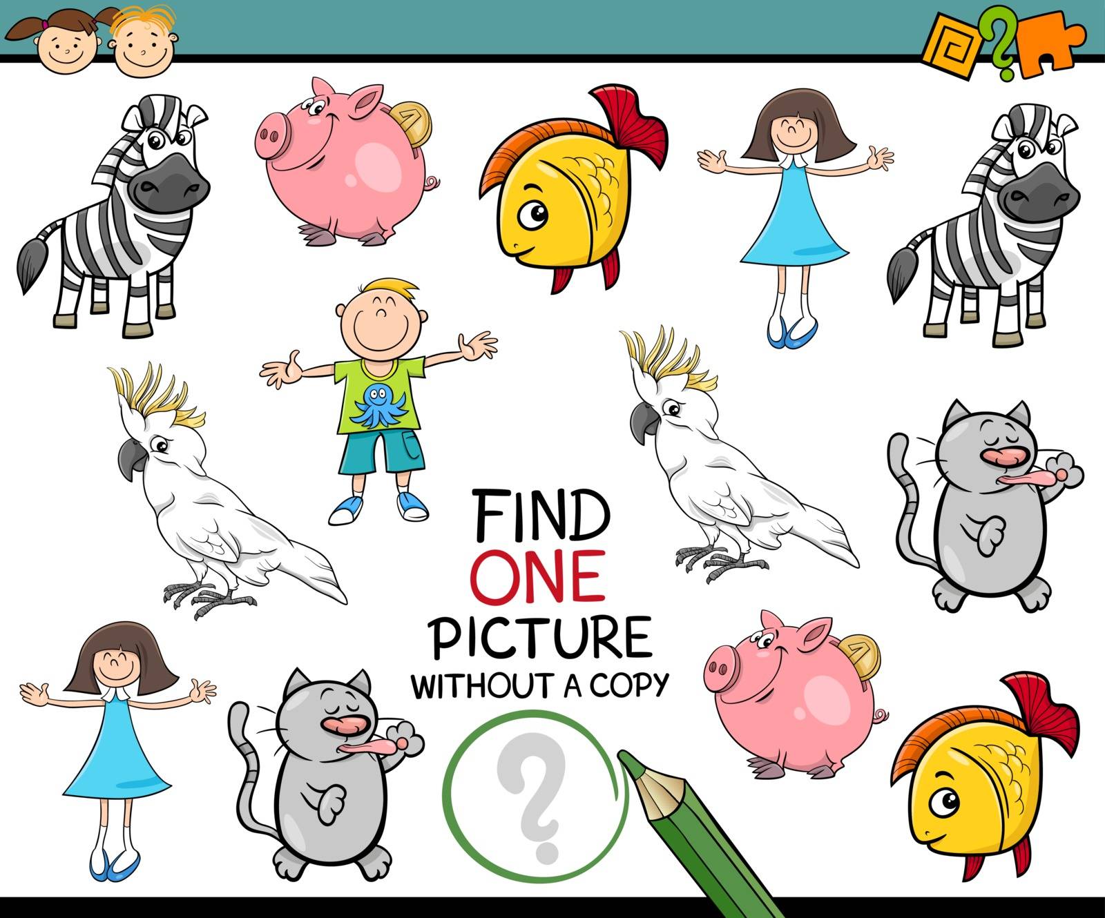 Cartoon Illustration of Finding Picture without a Pair Educational Game for Preschool Children