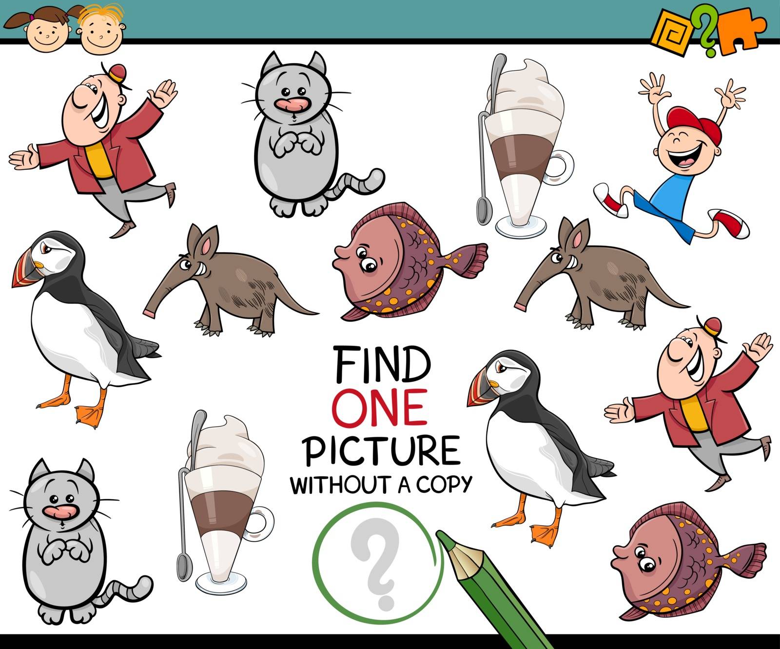 Cartoon Illustration of Finding Picture without a Copy Game for Preschool Children