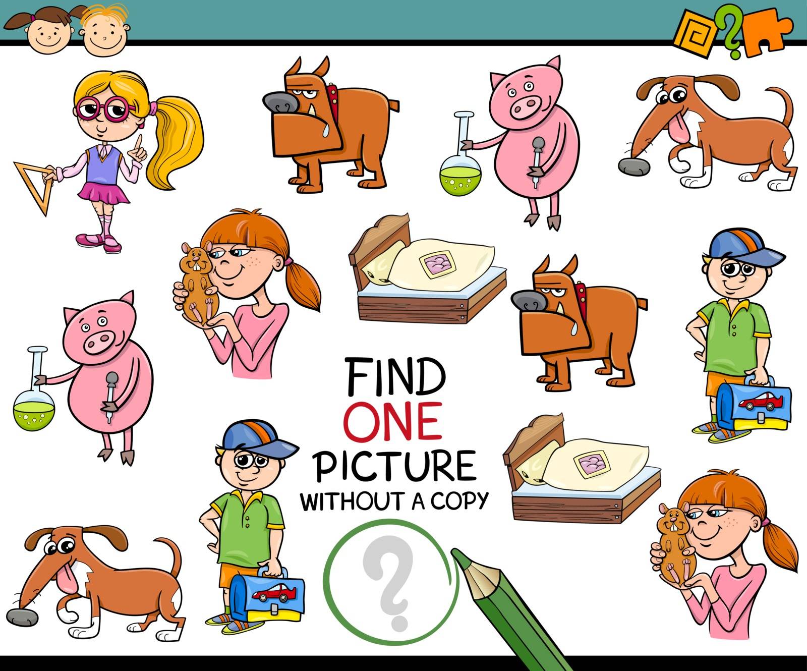 Cartoon Illustration of Educational Game of Single Picture Search for Preschool Children