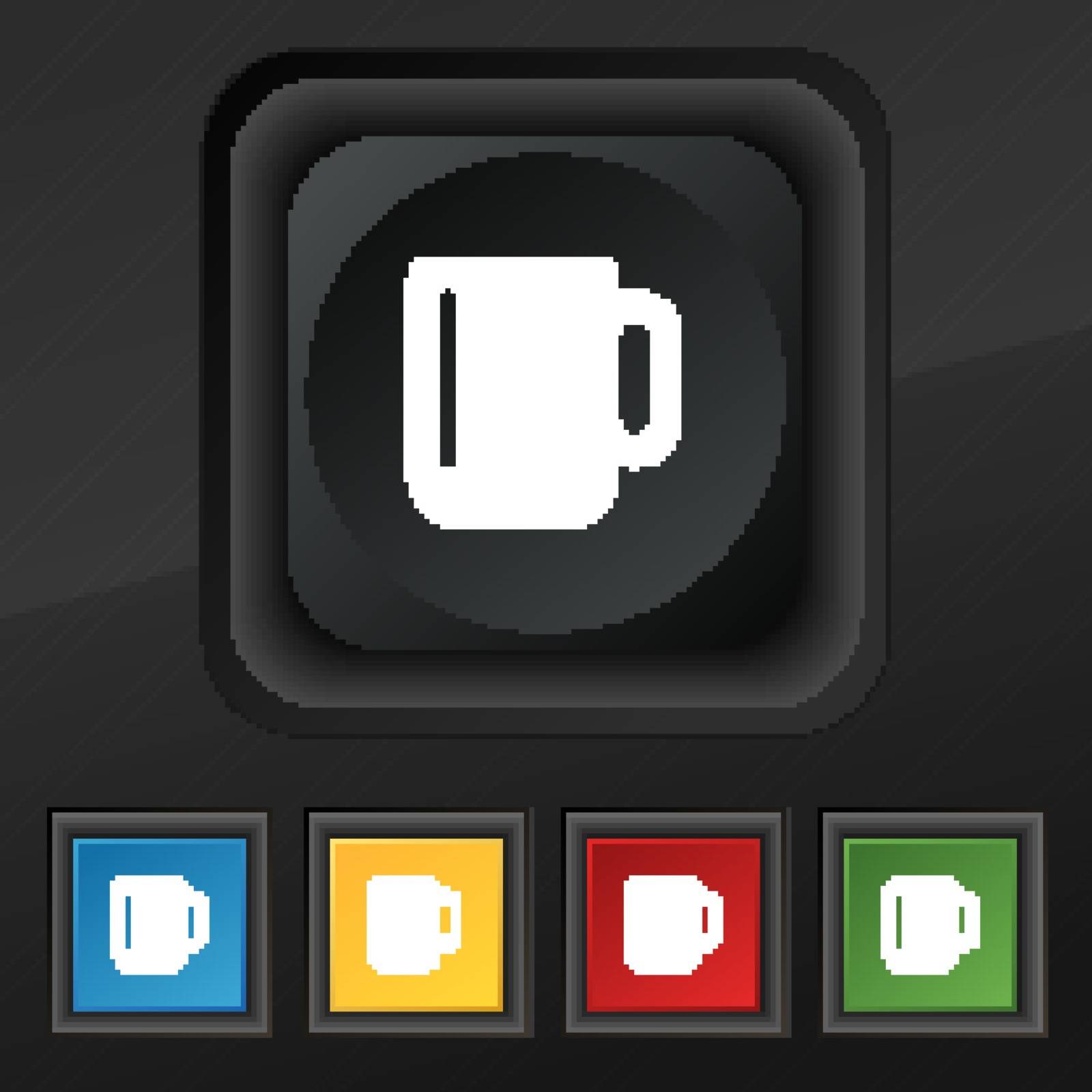 cup coffee or tea  icon symbol. Set of five colorful, stylish buttons on black texture for your design. Vector by serhii_lohvyniuk