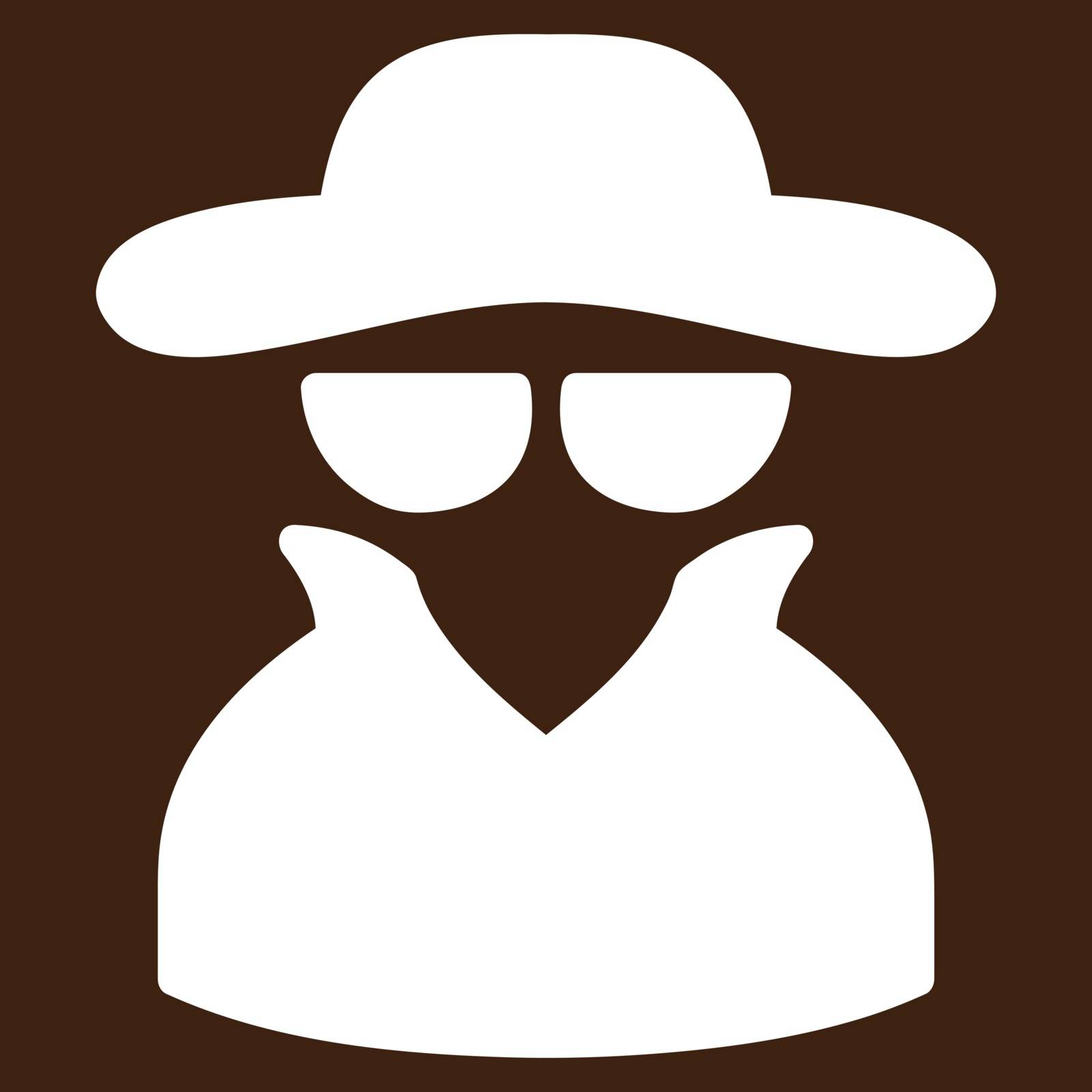 Spy icon from Business Bicolor Set. Vector style is flat symbol, white color, rounded angles, brown background.
