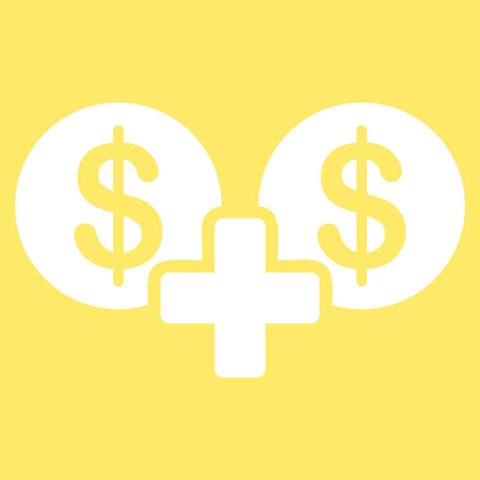 Sum icon from Business Bicolor Set. This flat vector symbol uses white color, rounded angles, and isolated on a yellow background.