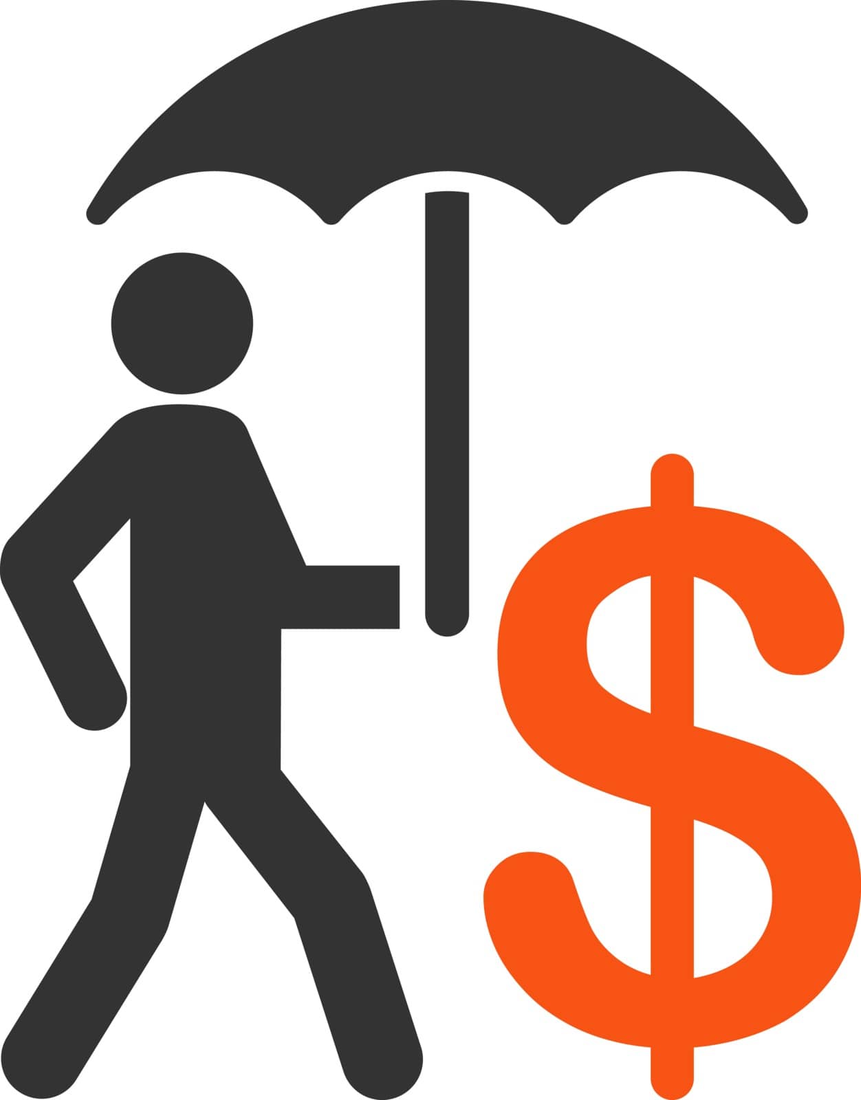 Umbrella icon. This flat vector symbol uses orange and gray colors, rounded angles, and white background on a white background.