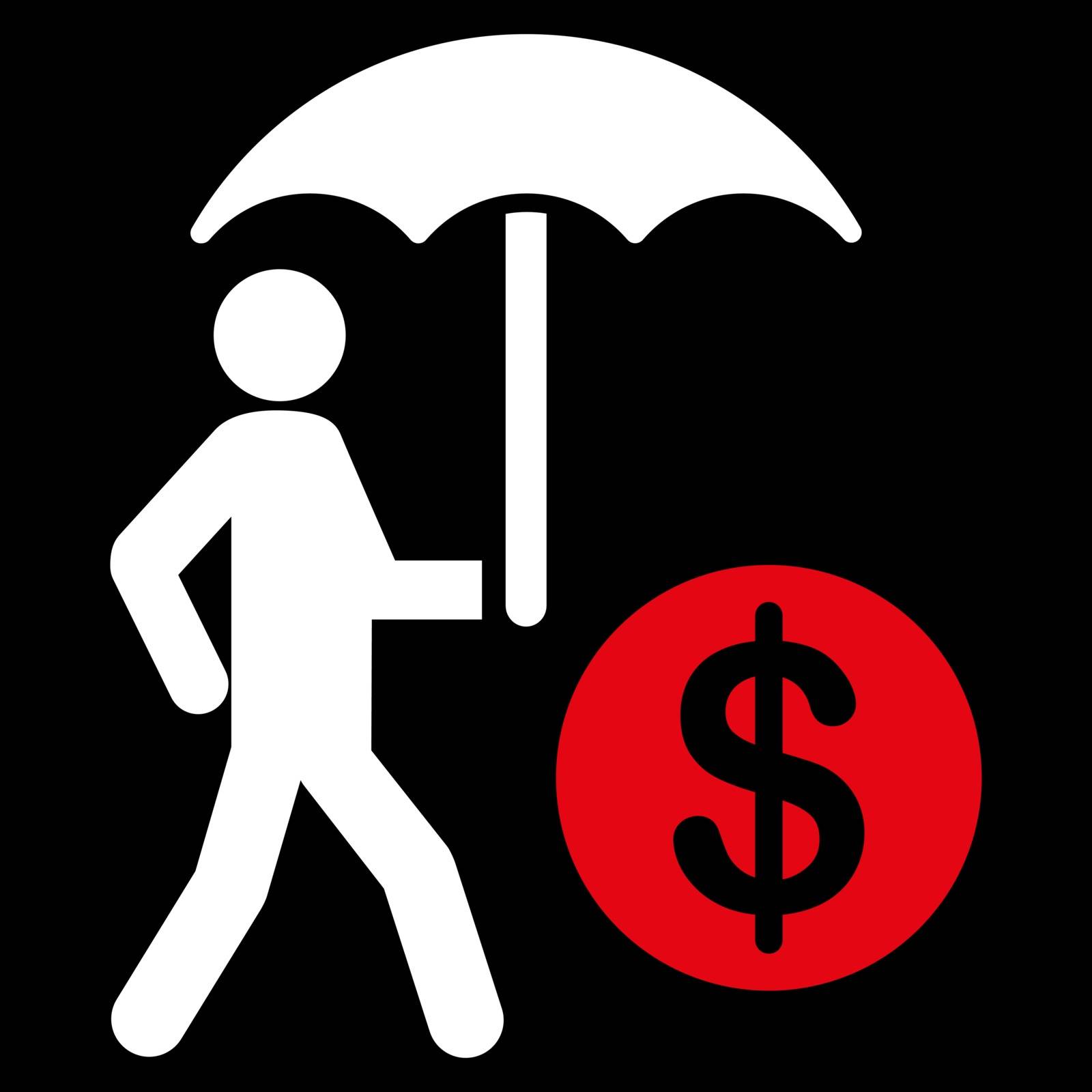 Financial insurance icon. Vector style is flat bicolor symbols, red and white colors, rounded angles, black background.