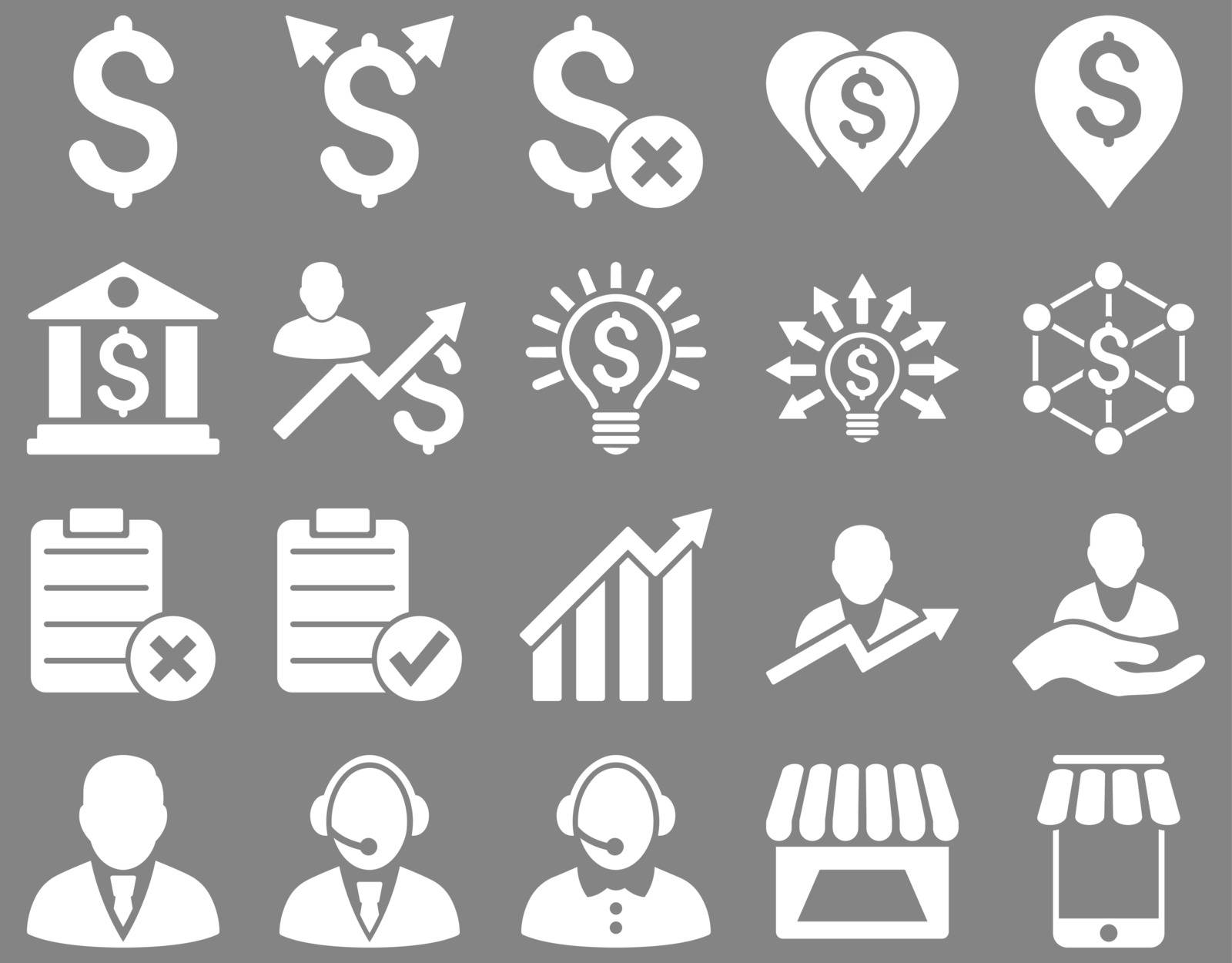 Trade business and bank service icon set. These flat icons use white color. Images are isolated on a gray background. Angles are rounded.