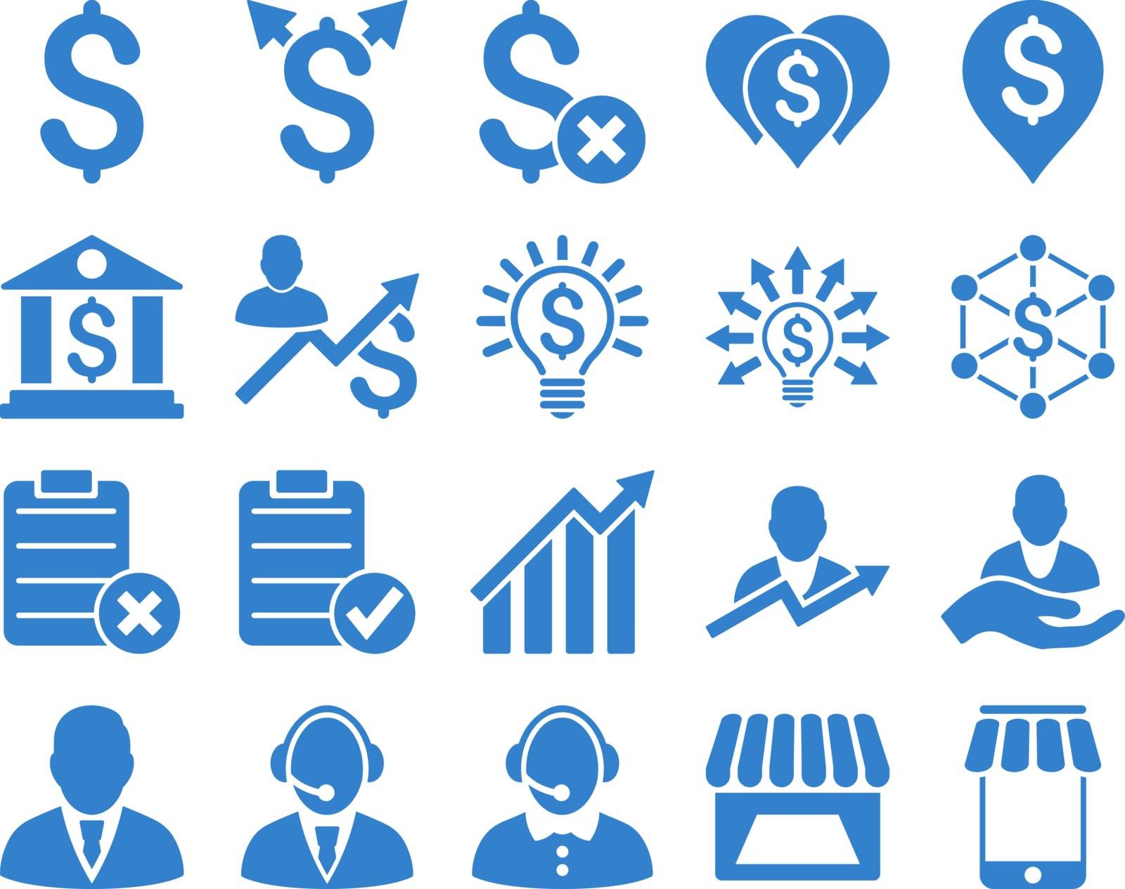 Trade business and bank service icon set. These flat icons use cobalt color. Images are isolated on a white background. Angles are rounded.