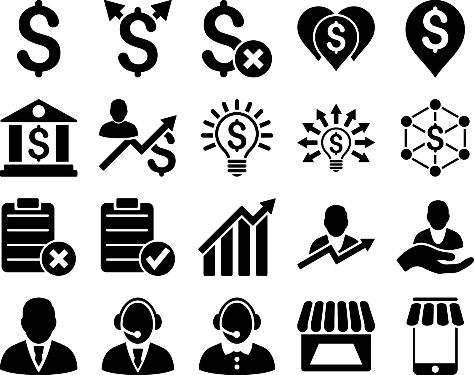 Trade business and bank service icon set. These flat icons use black color. Images are isolated on a white background. Angles are rounded.