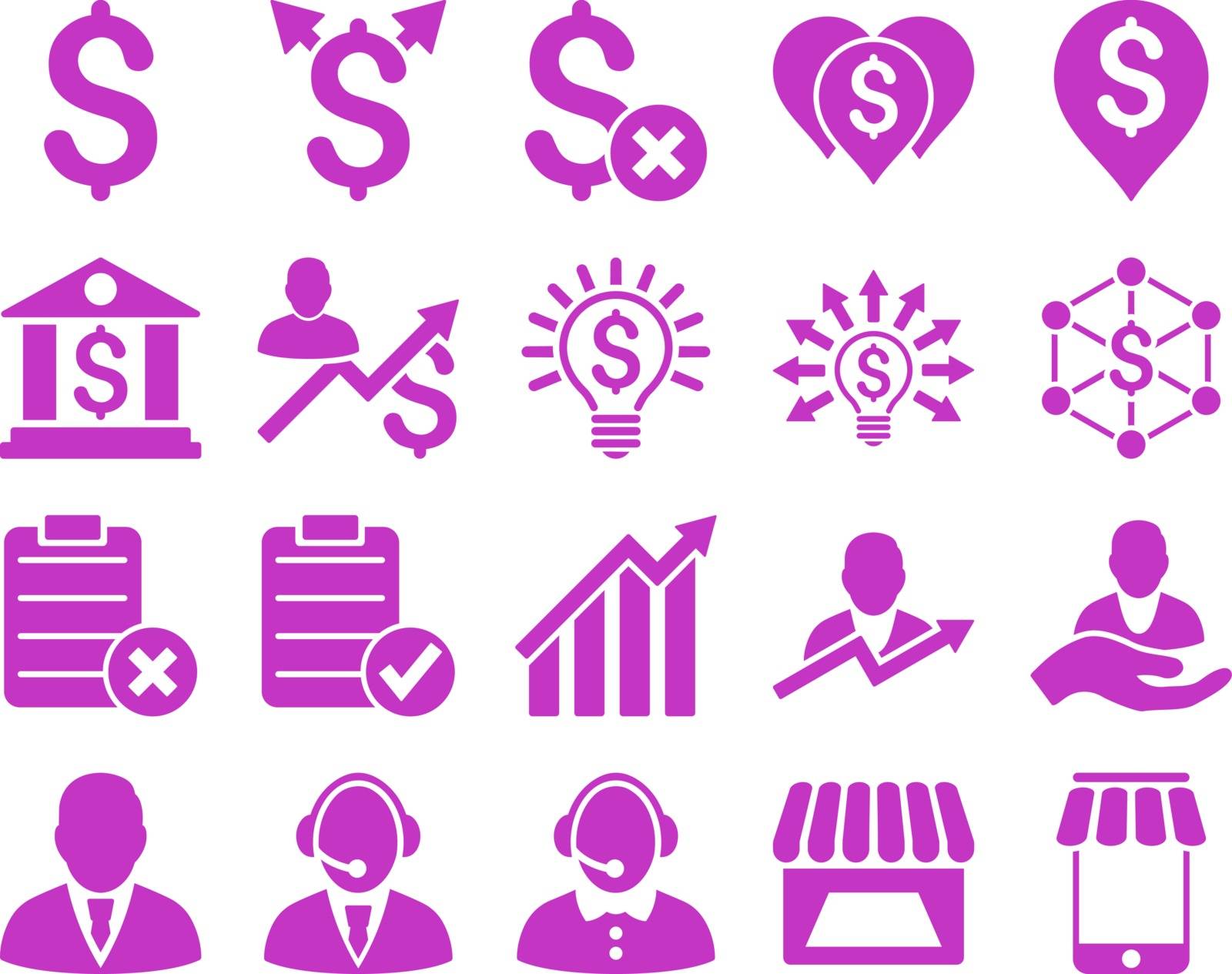 Trade business and bank service icon set. These flat icons use violet color. Images are isolated on a white background. Angles are rounded.