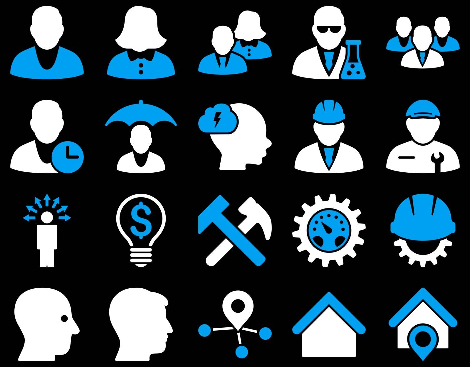 Client and business icon set. These flat bicolor icons use blue and white colors. Images are isolated on a black background. Angles are rounded.