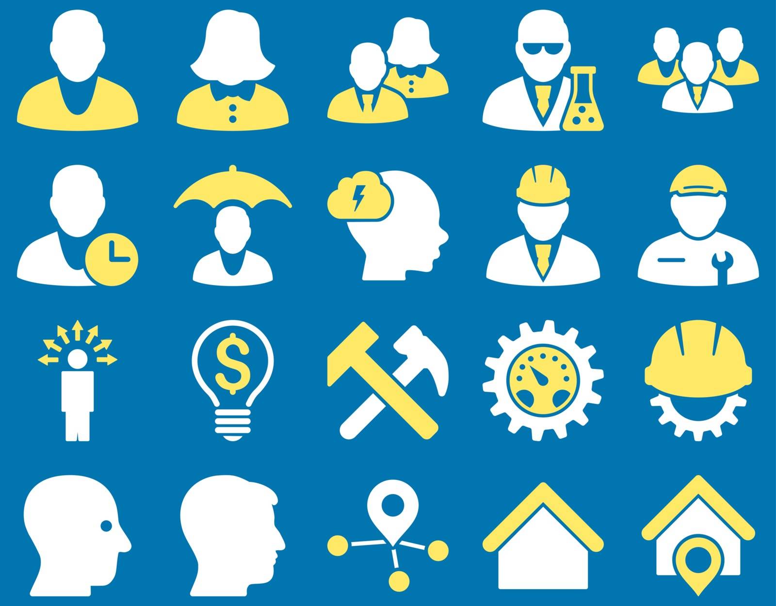 Client and business icon set. These flat bicolor icons use yellow and white colors. Images are isolated on a blue background. Angles are rounded.