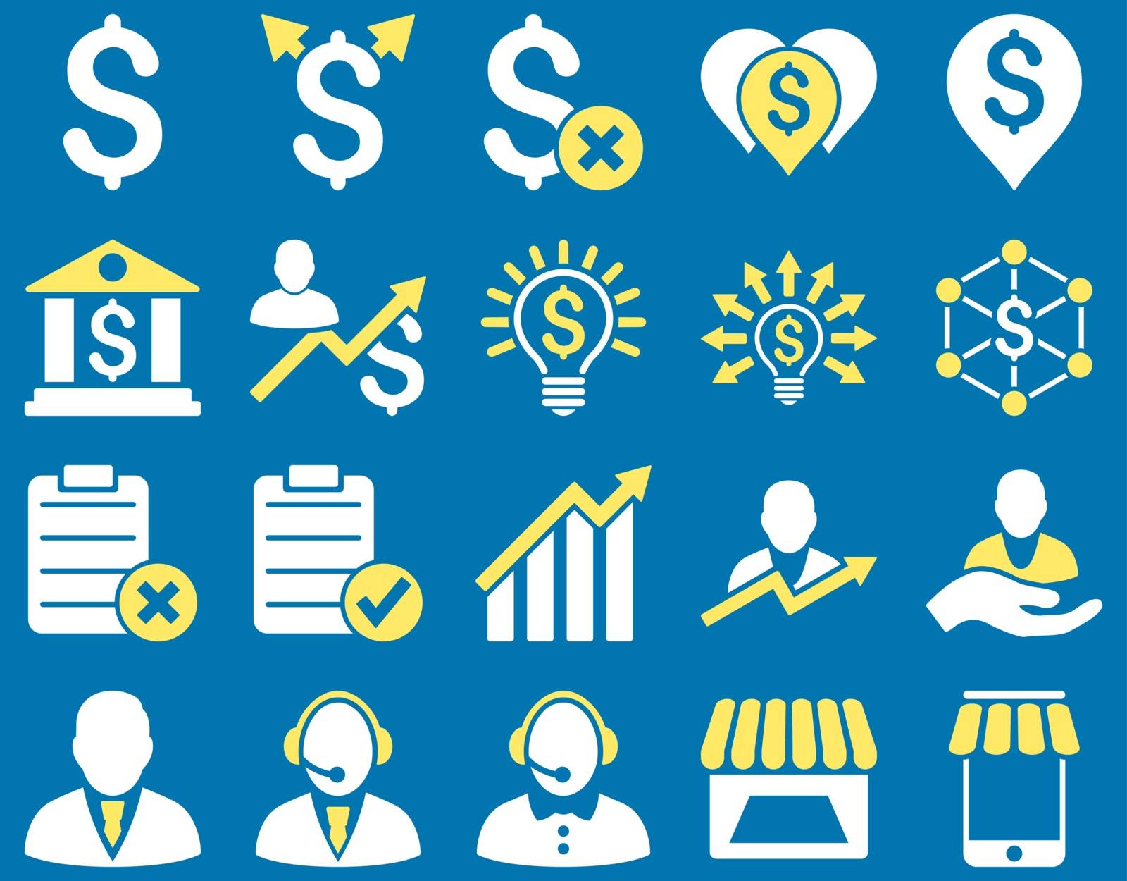 Trade business and bank service icon set. These flat bicolor icons use yellow and white colors. Images are isolated on a blue background. Angles are rounded.