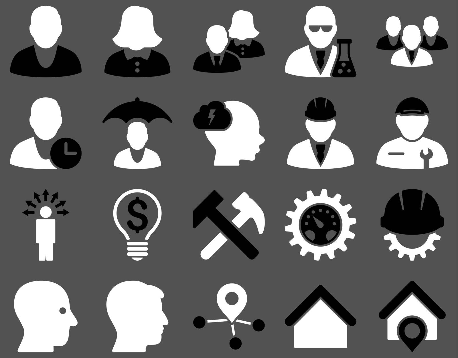 Client and business icon set. These flat bicolor icons use black and white colors. Images are isolated on a gray background. Angles are rounded.