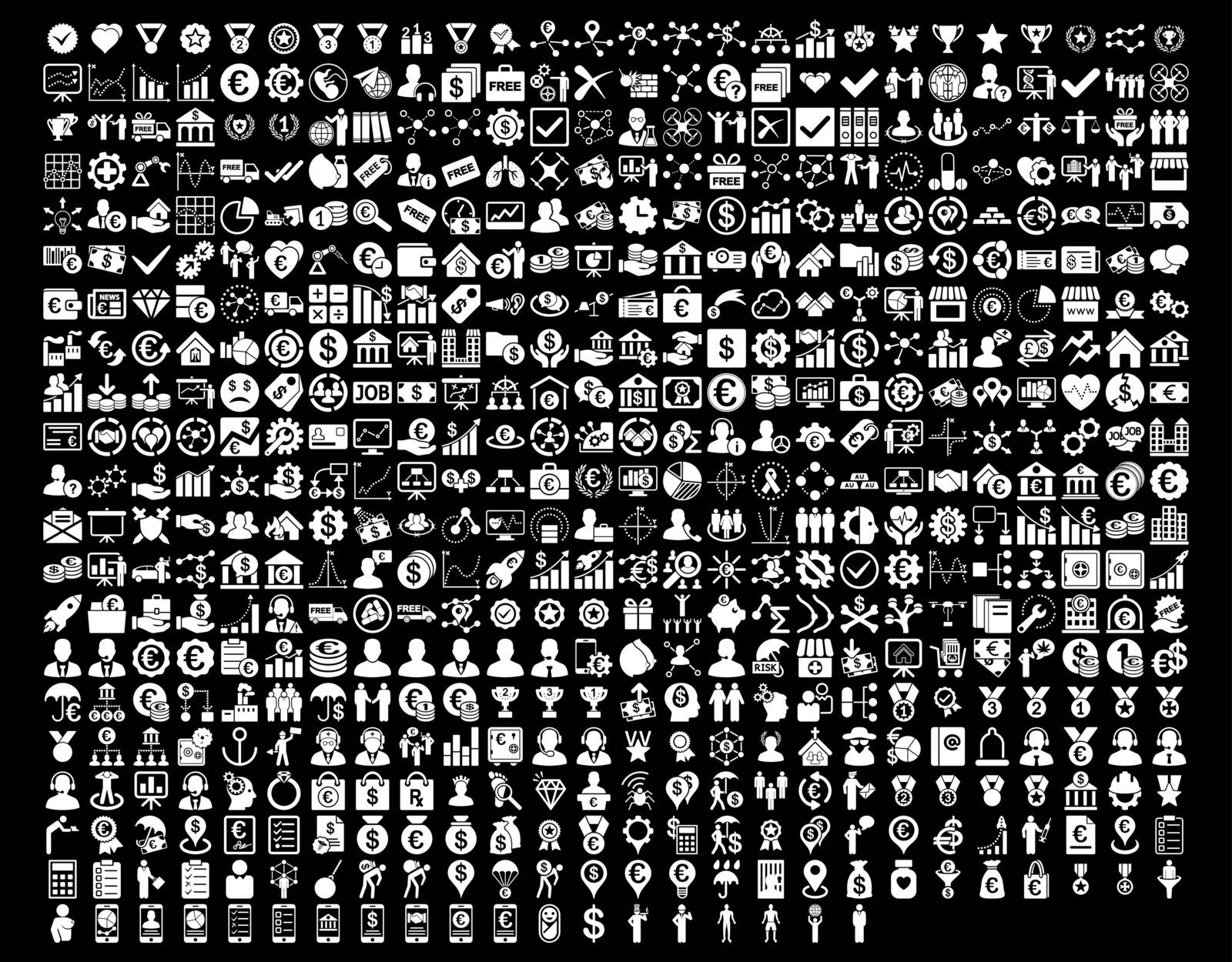 Application Toolbar Icons. 576 flat icons use white color. Vector images are isolated on a black background. 