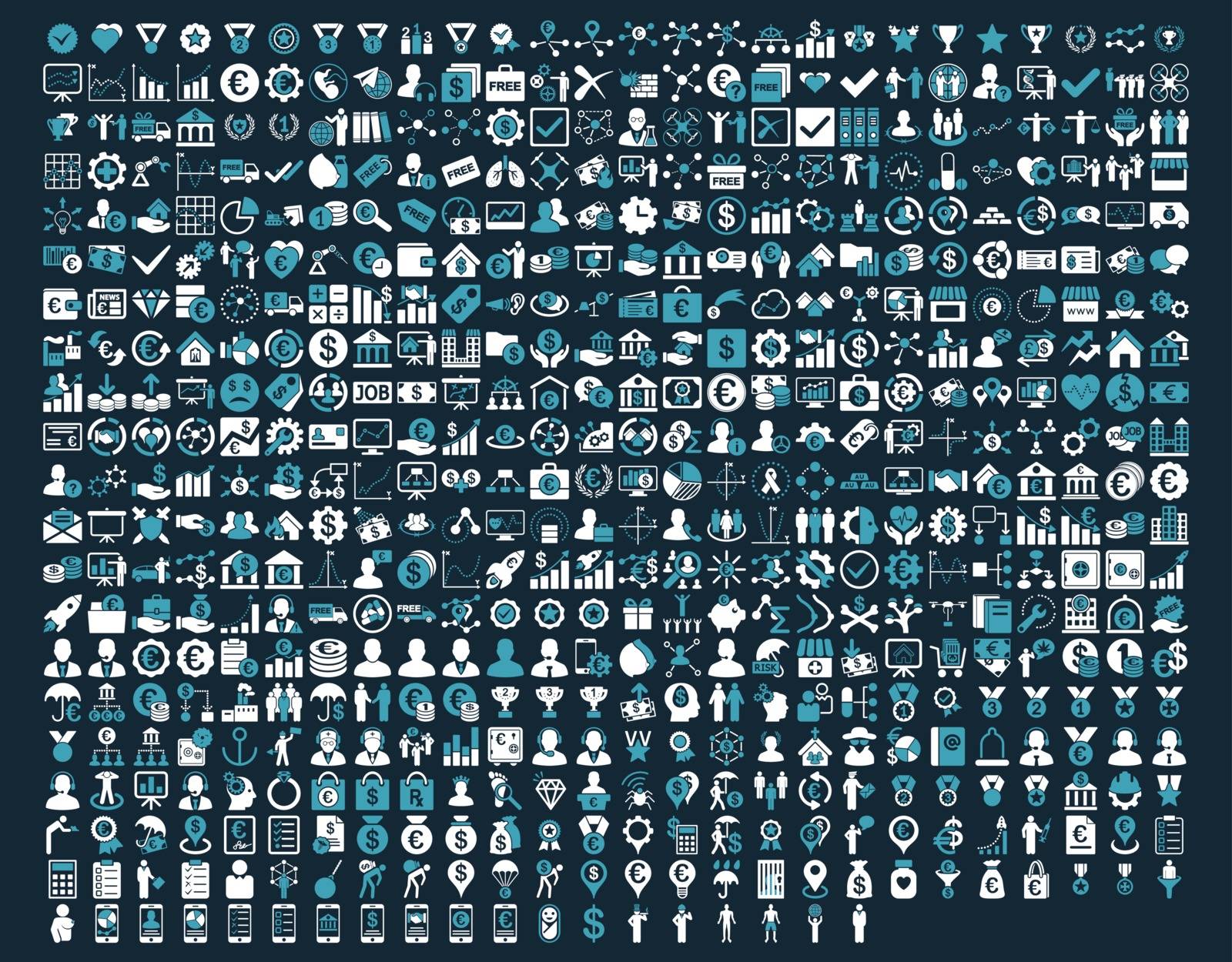 Application Toolbar Icons. 576 flat bicolor icons use blue and white colors. Vector images are isolated on a dark blue background. 