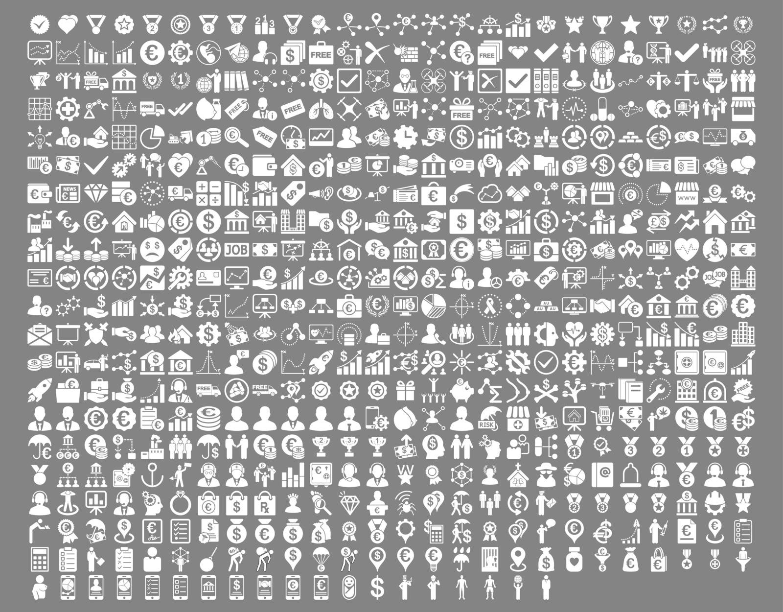 Application Toolbar Icons. 576 flat icons use white color. Vector images are isolated on a gray background. 