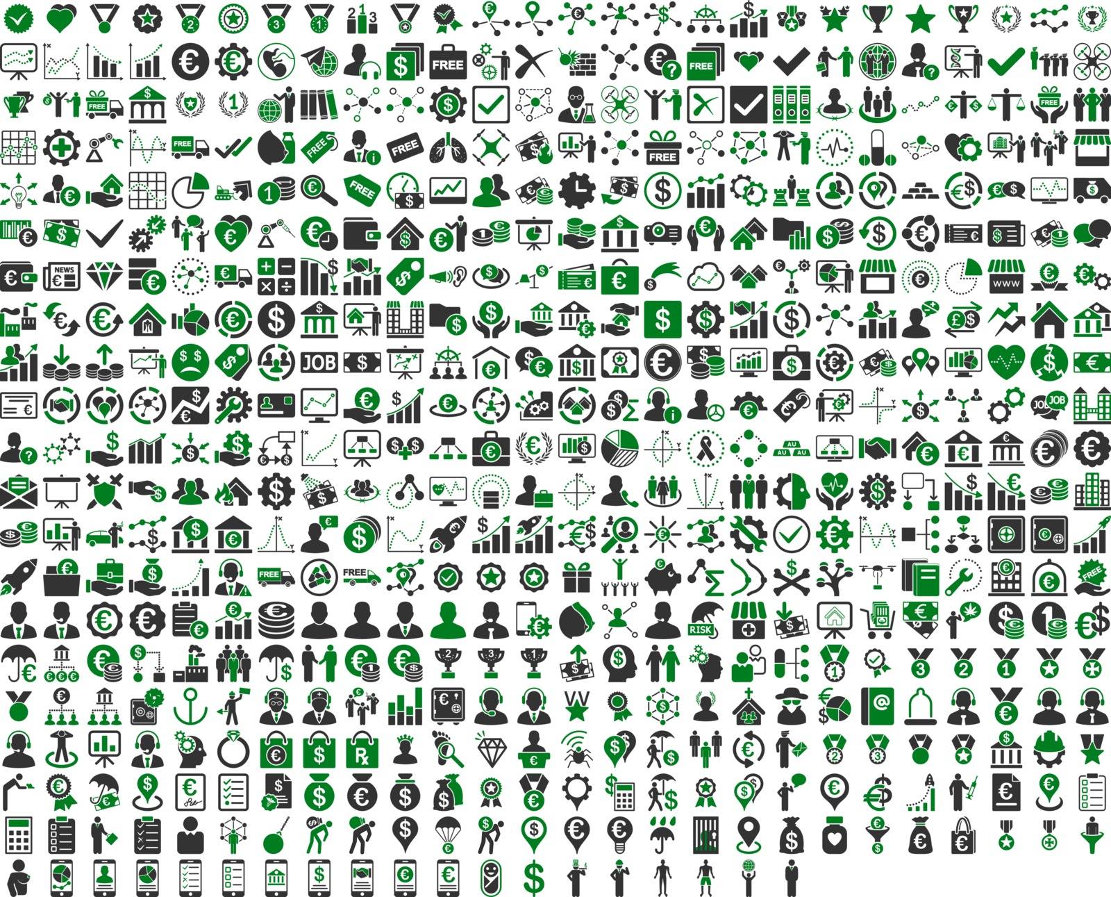 Application Toolbar Icons. 576 flat bicolor icons use green and gray colors. Vector images are isolated on a white background. 