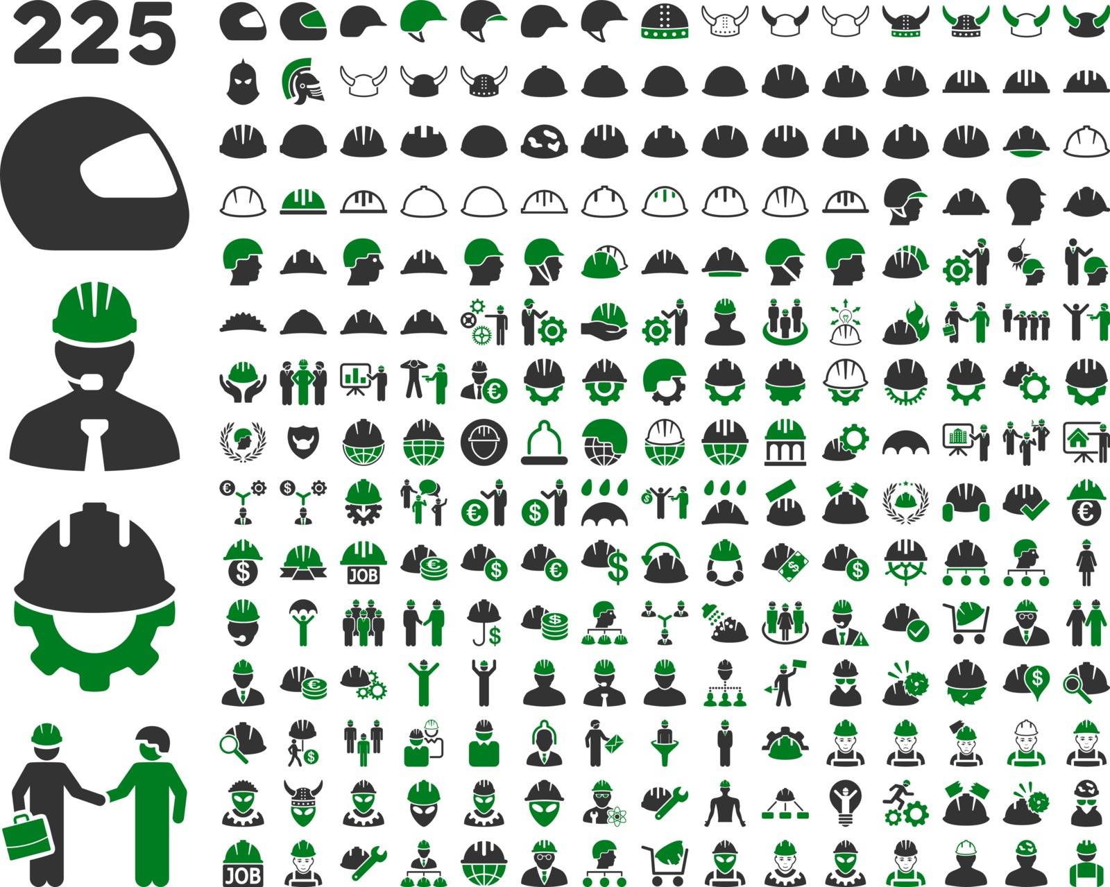 Work Safety and Helmet Icon Set. These flat bicolor icons use green and gray colors. Vector images are isolated on a white background. 