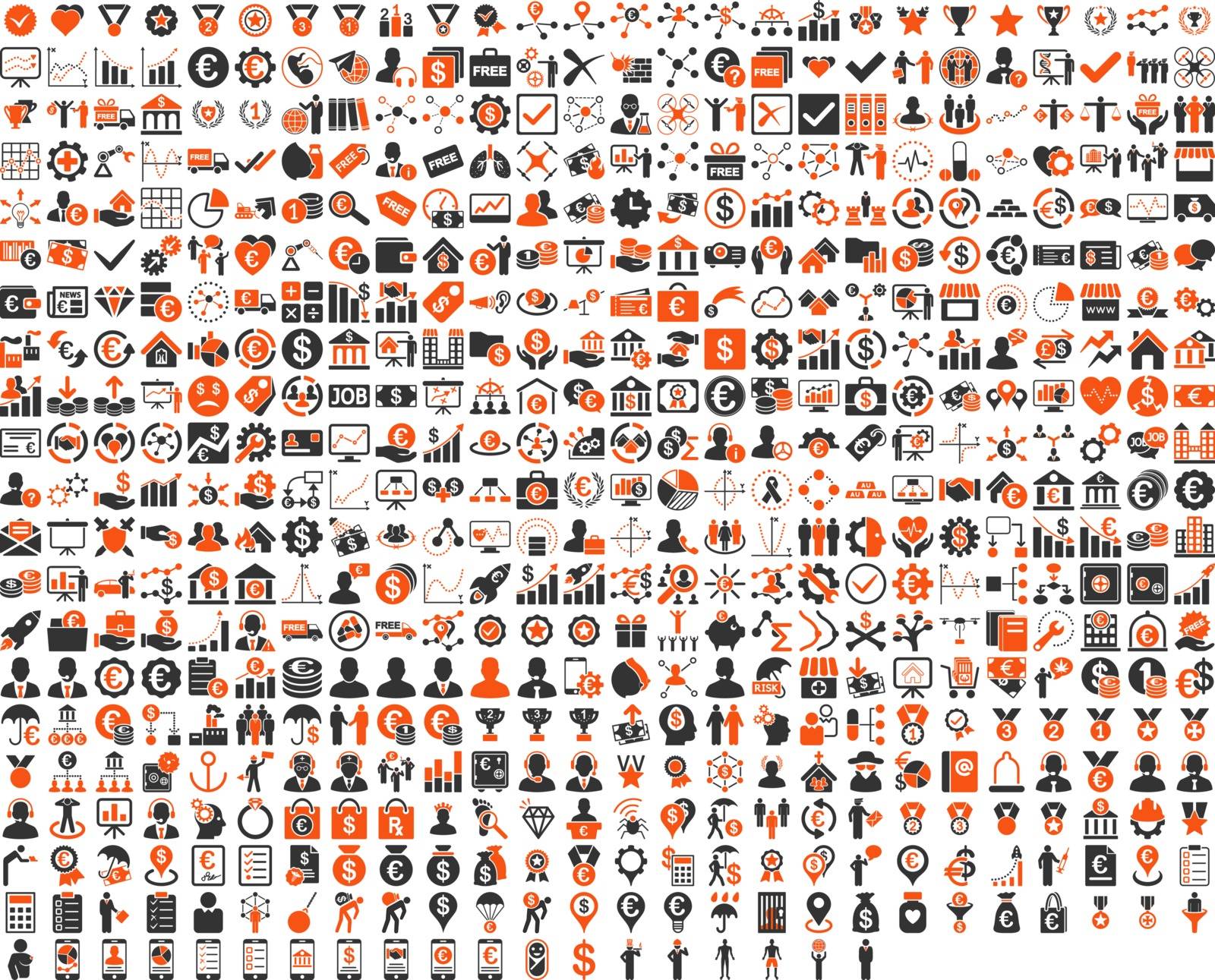 Application Toolbar Icons. 576 flat bicolor icons use orange and gray colors. Vector images are isolated on a white background. 