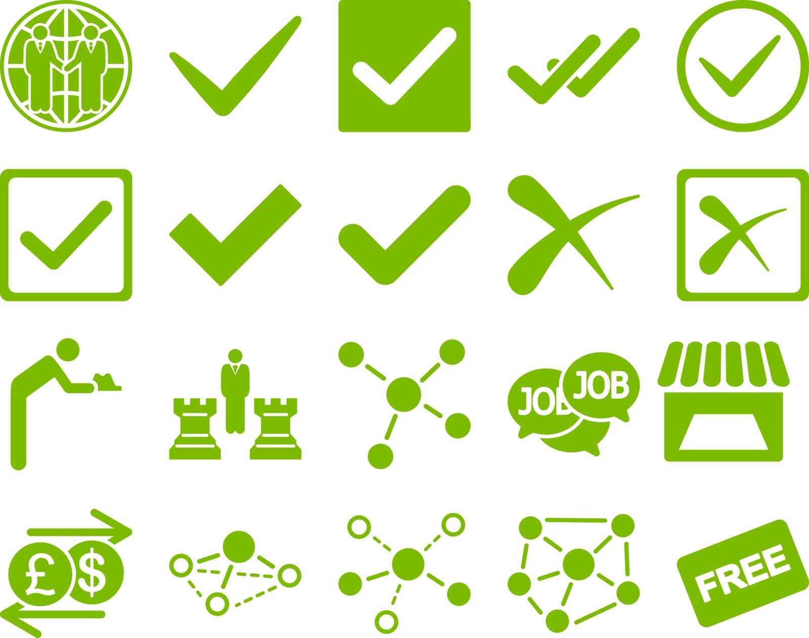 Agreement and trade links icon set. These flat symbols use eco green color. Vector images are isolated on a white background. Angles are rounded.