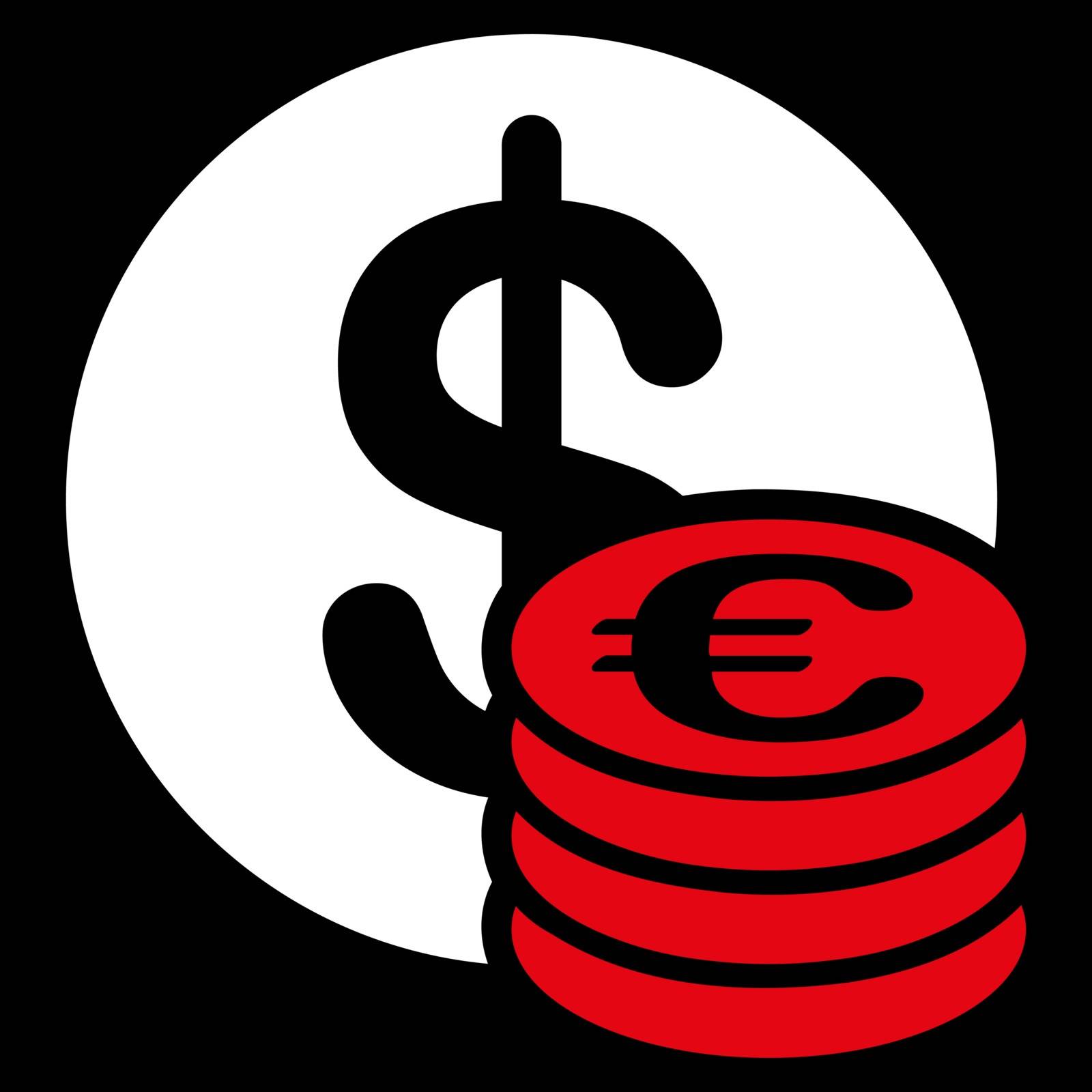 Dollar euro coins from BiColor Euro Banking Icon Set. Vector style is flat bicolor, red and white symbol, rounded angles, black background.
