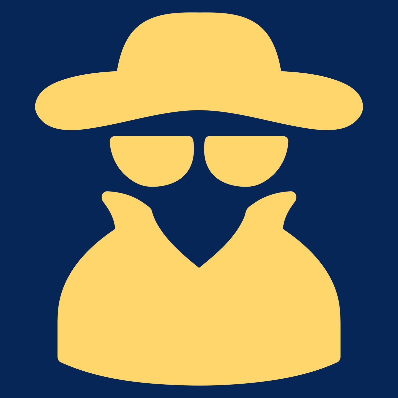 Spy icon. Vector style is flat symbol, yellow color, rounded angles, blue background.