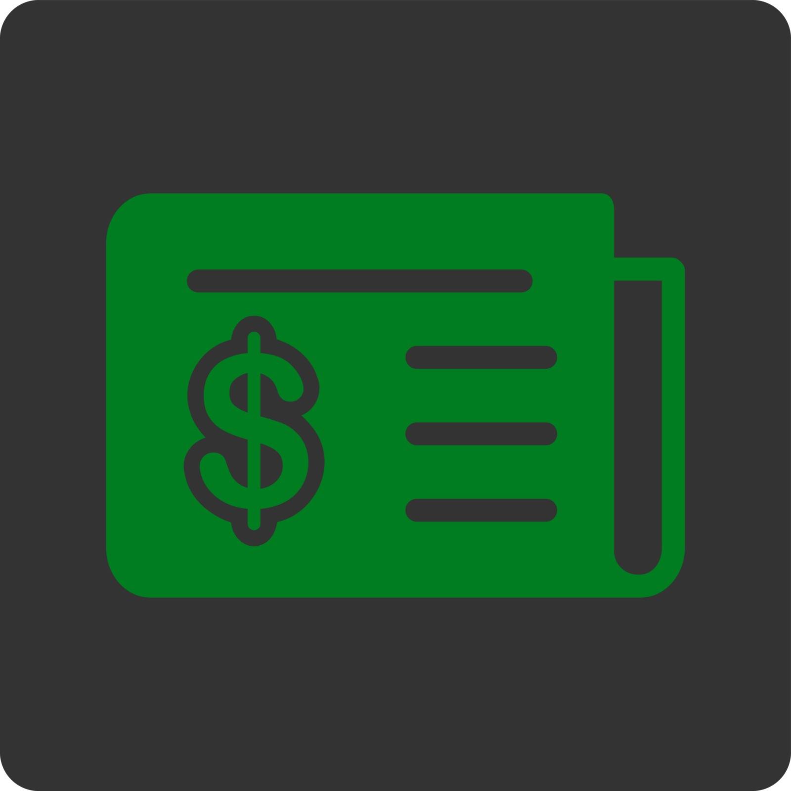 Financial News icon. Vector style is green and gray colors, flat square rounded button, white background.