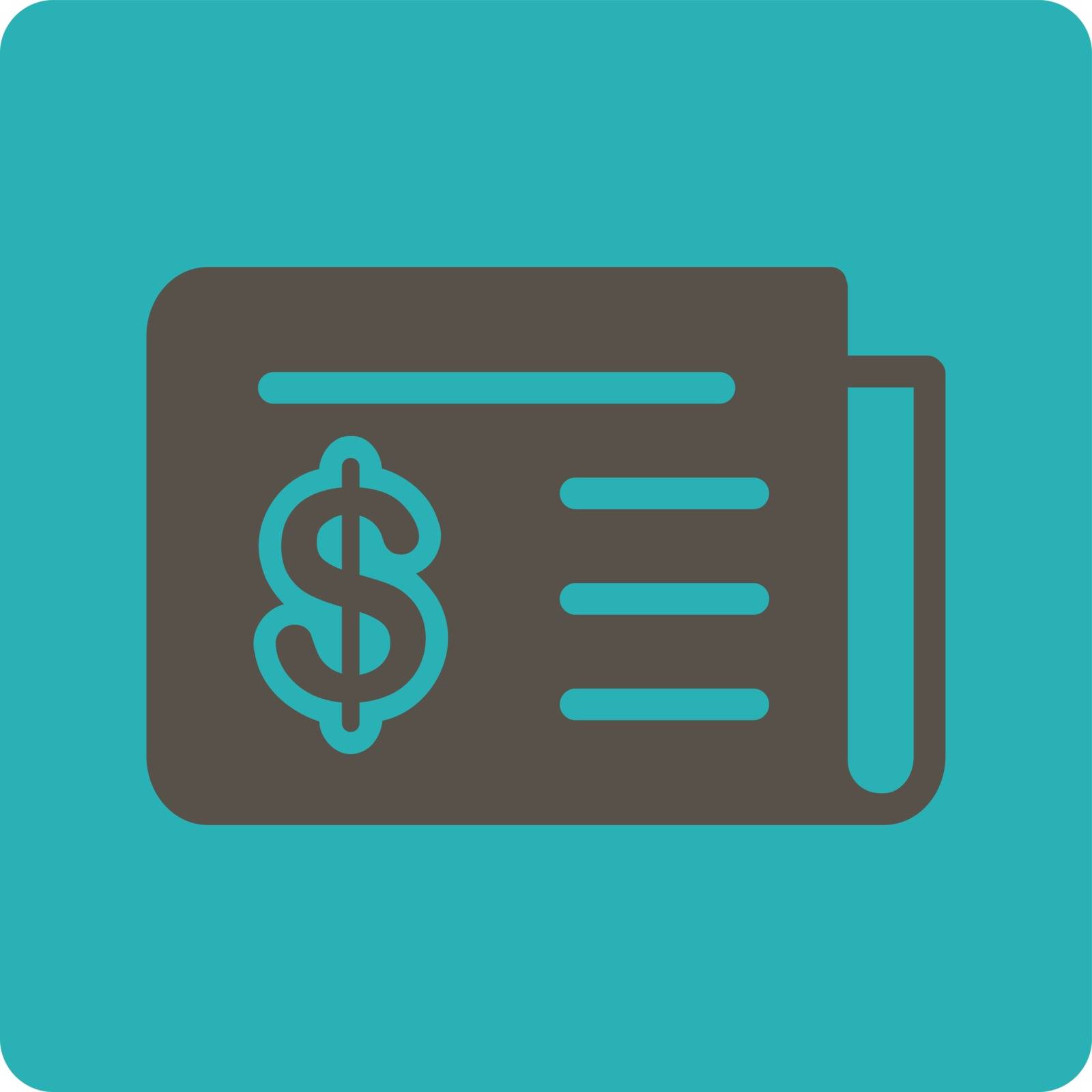 Financial News icon. Vector style is grey and cyan colors, flat square rounded button, white background.