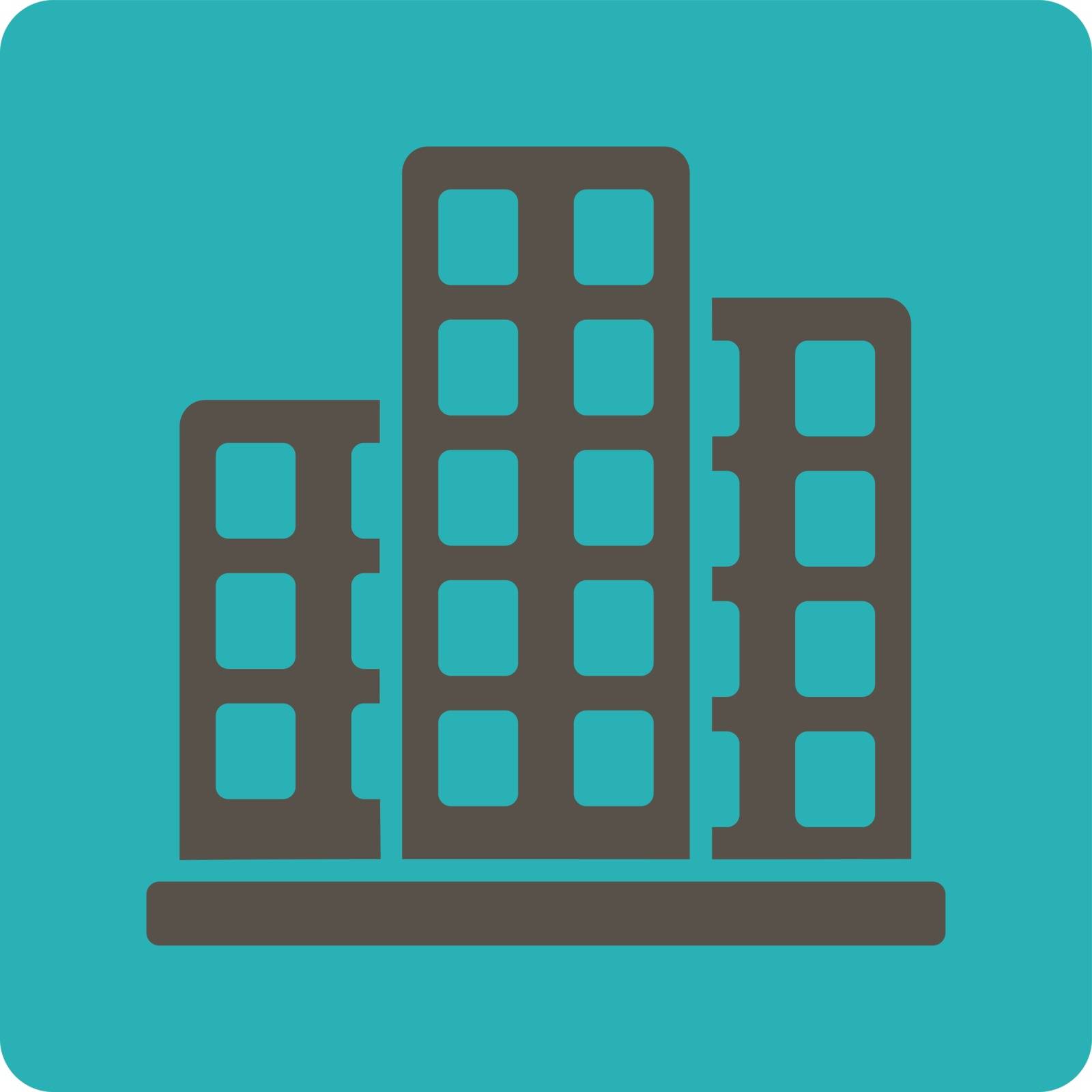City icon. Vector style is grey and cyan colors, flat square rounded button, white background.