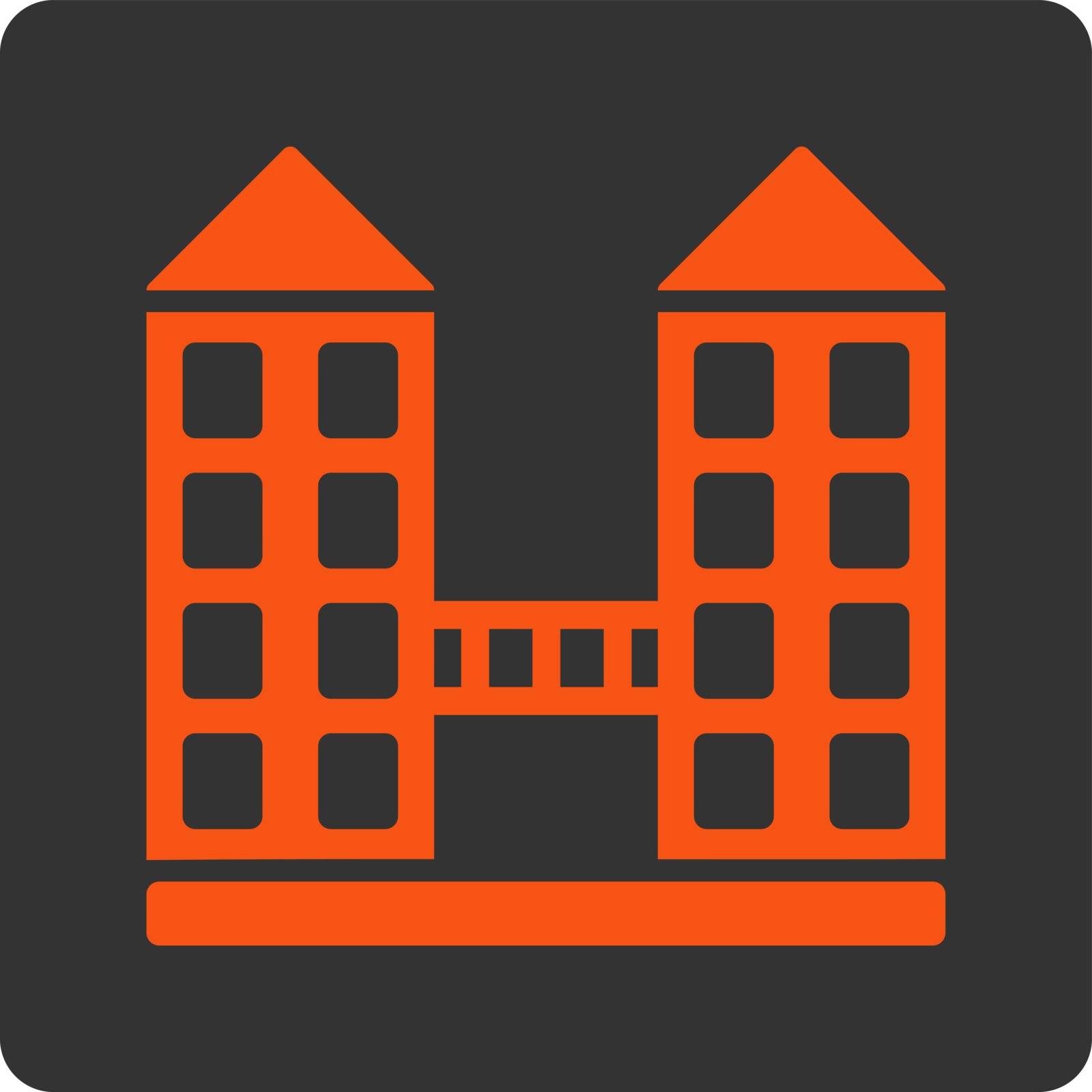 Company icon. Vector style is orange and gray colors, flat square rounded button, white background.