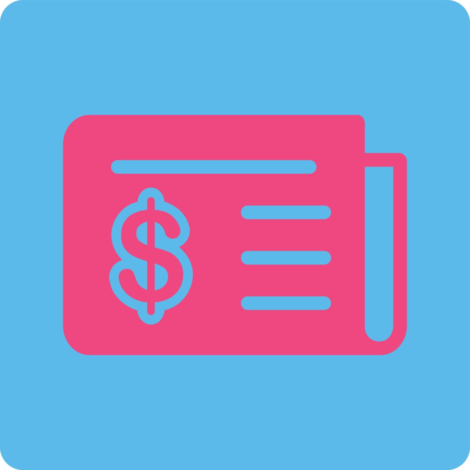 Financial News icon. Vector style is pink and blue colors, flat square rounded button, white background.