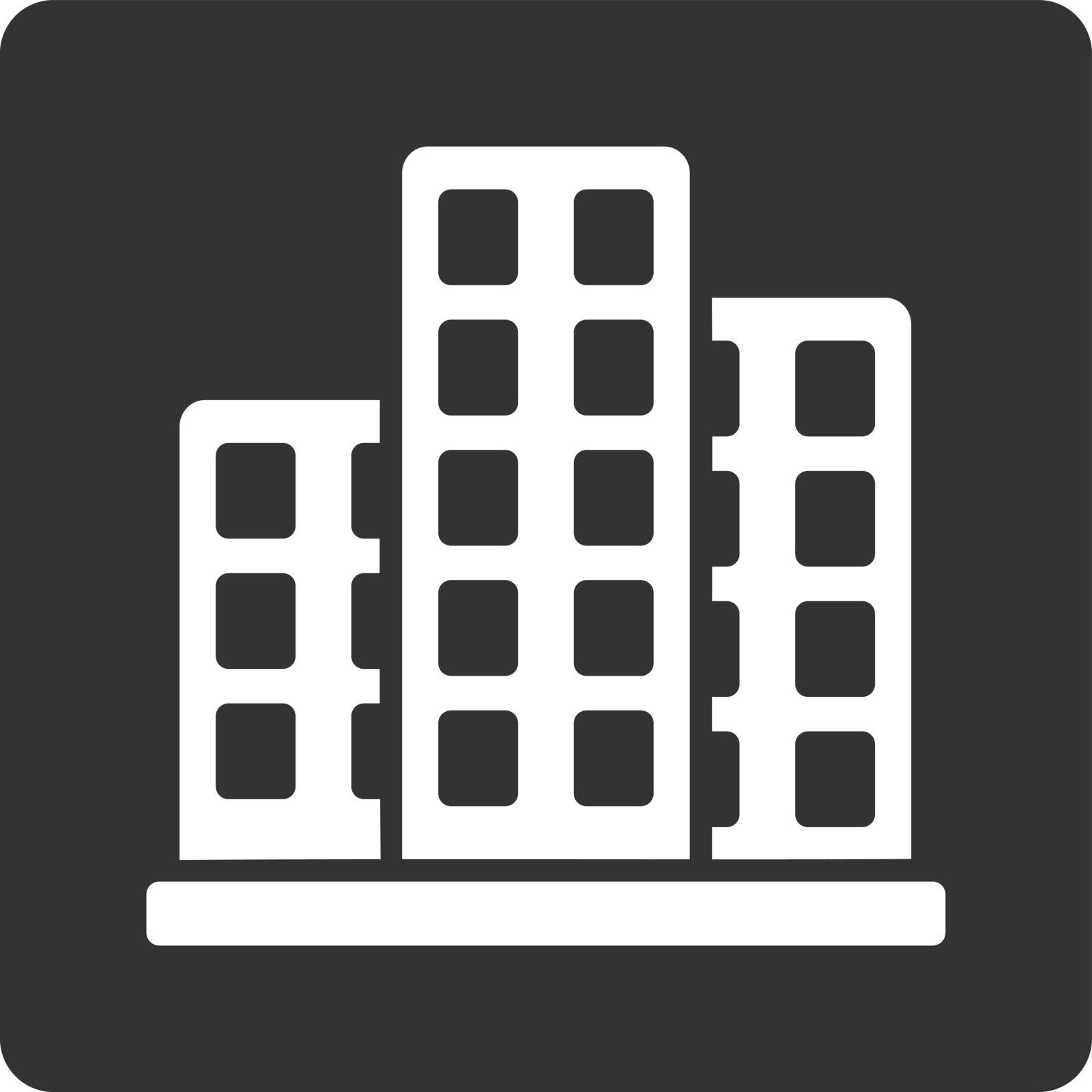 City icon. Vector style is white and gray colors, flat square rounded button, white background.