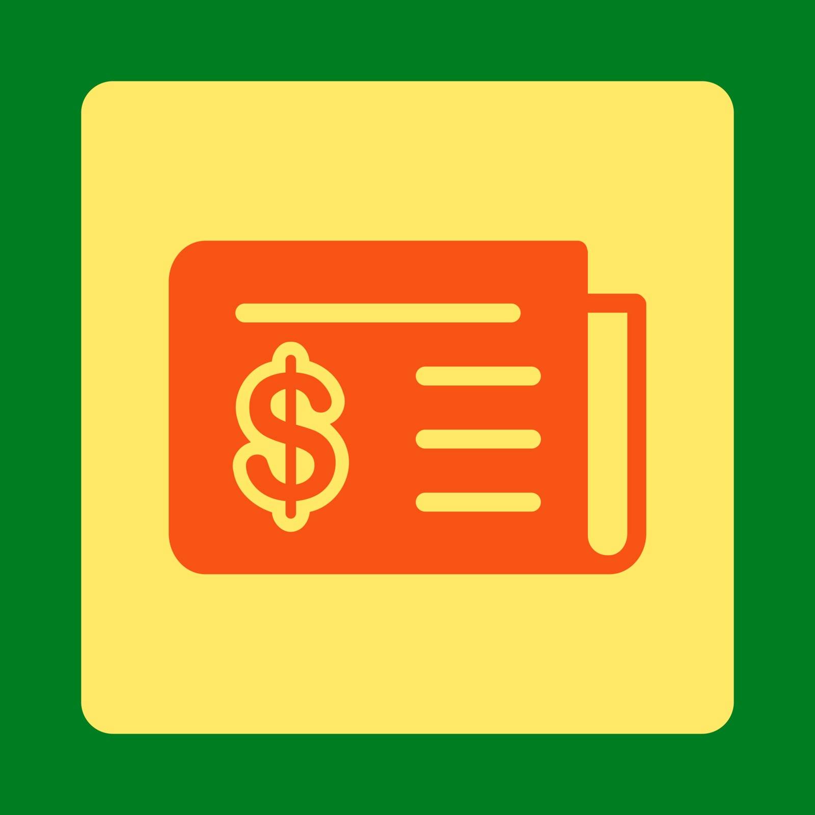 Financial News icon from Commerce Buttons OverColor Set. Vector style is orange and yellow colors, flat square rounded button, green background.