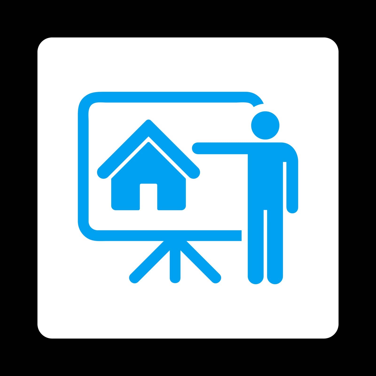 Realtor icon. Vector style is blue and white colors, flat rounded square button on a black background.