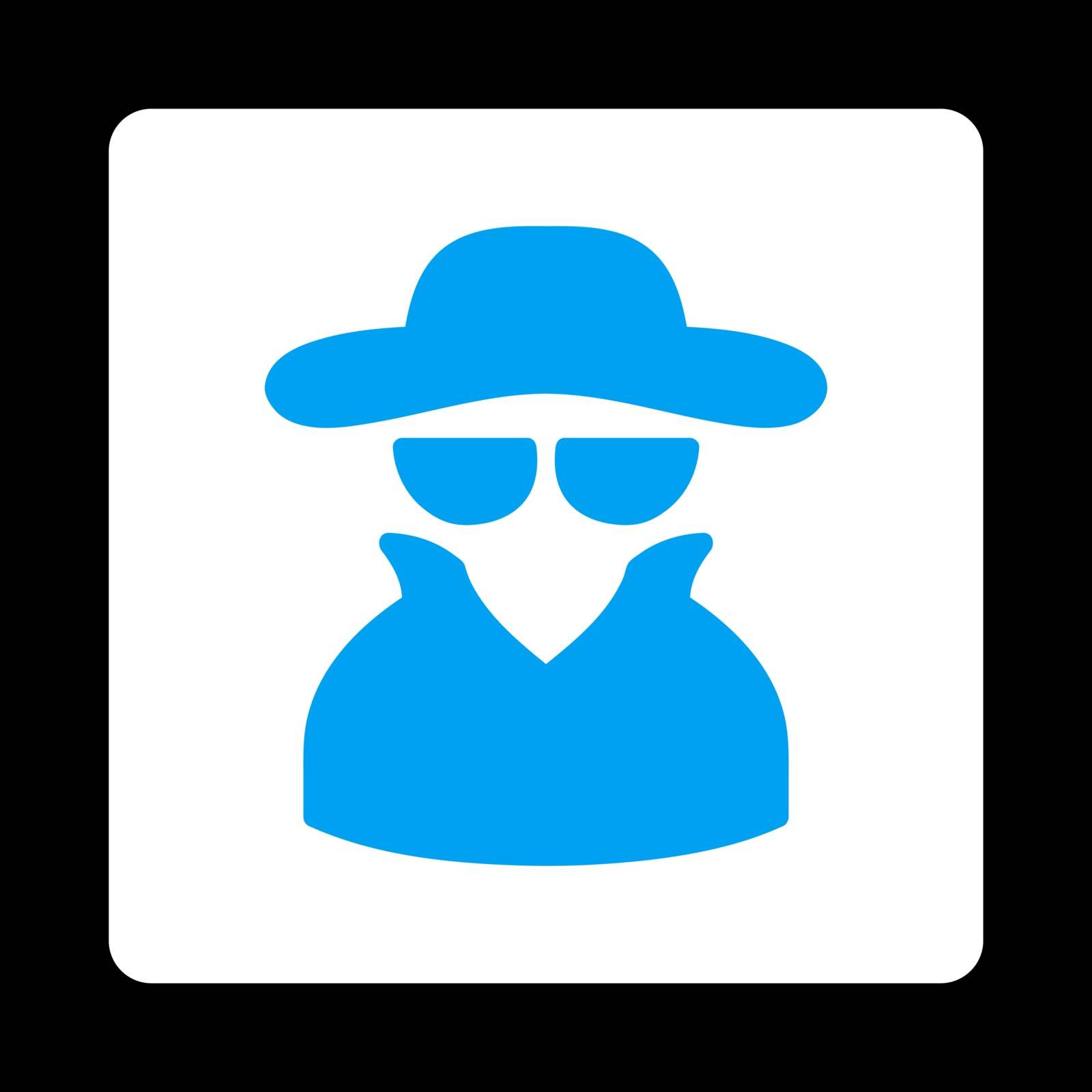 Spy icon. Vector style is blue and white colors, flat rounded square button on a black background.