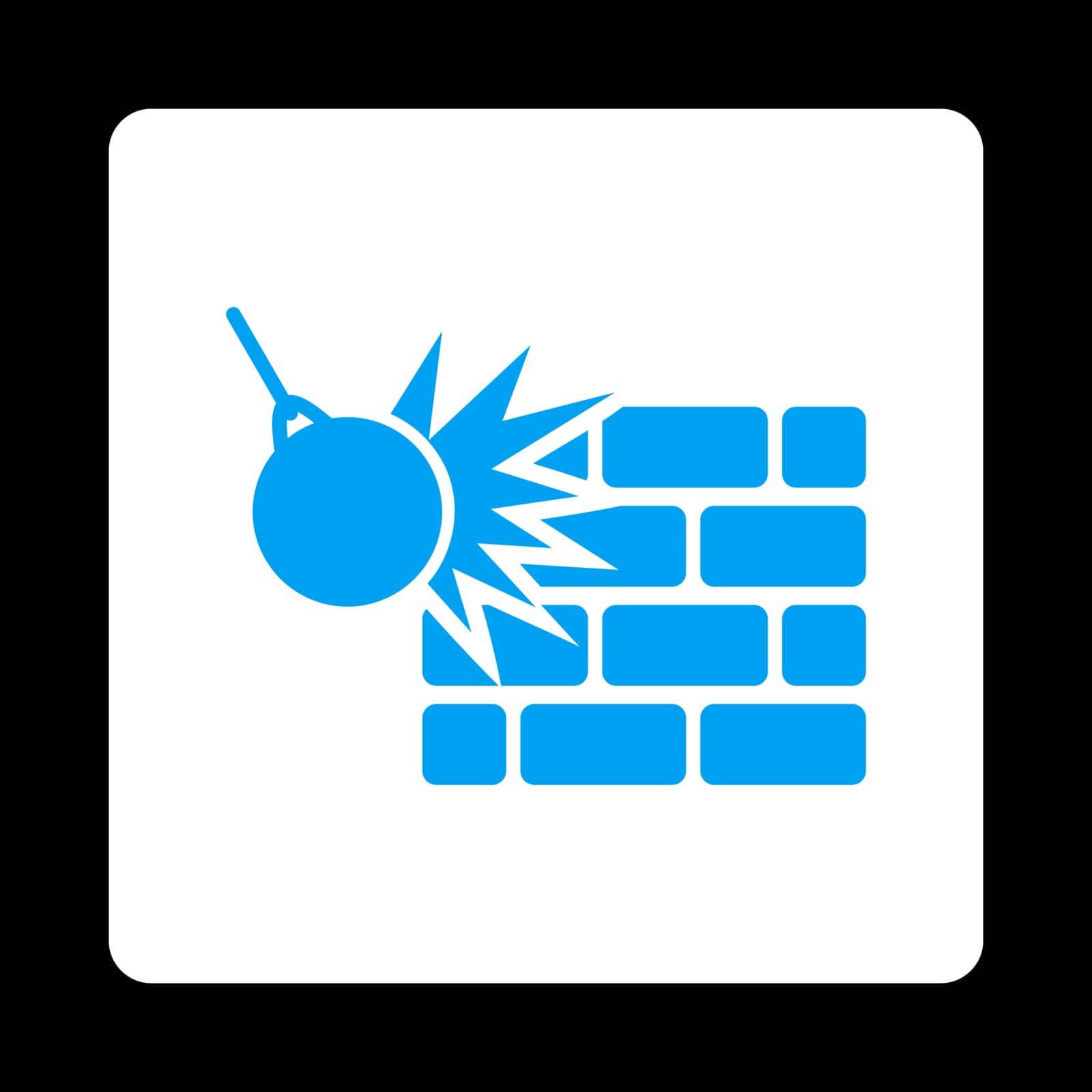 Destruction icon. Vector style is blue and white colors, flat rounded square button on a black background.