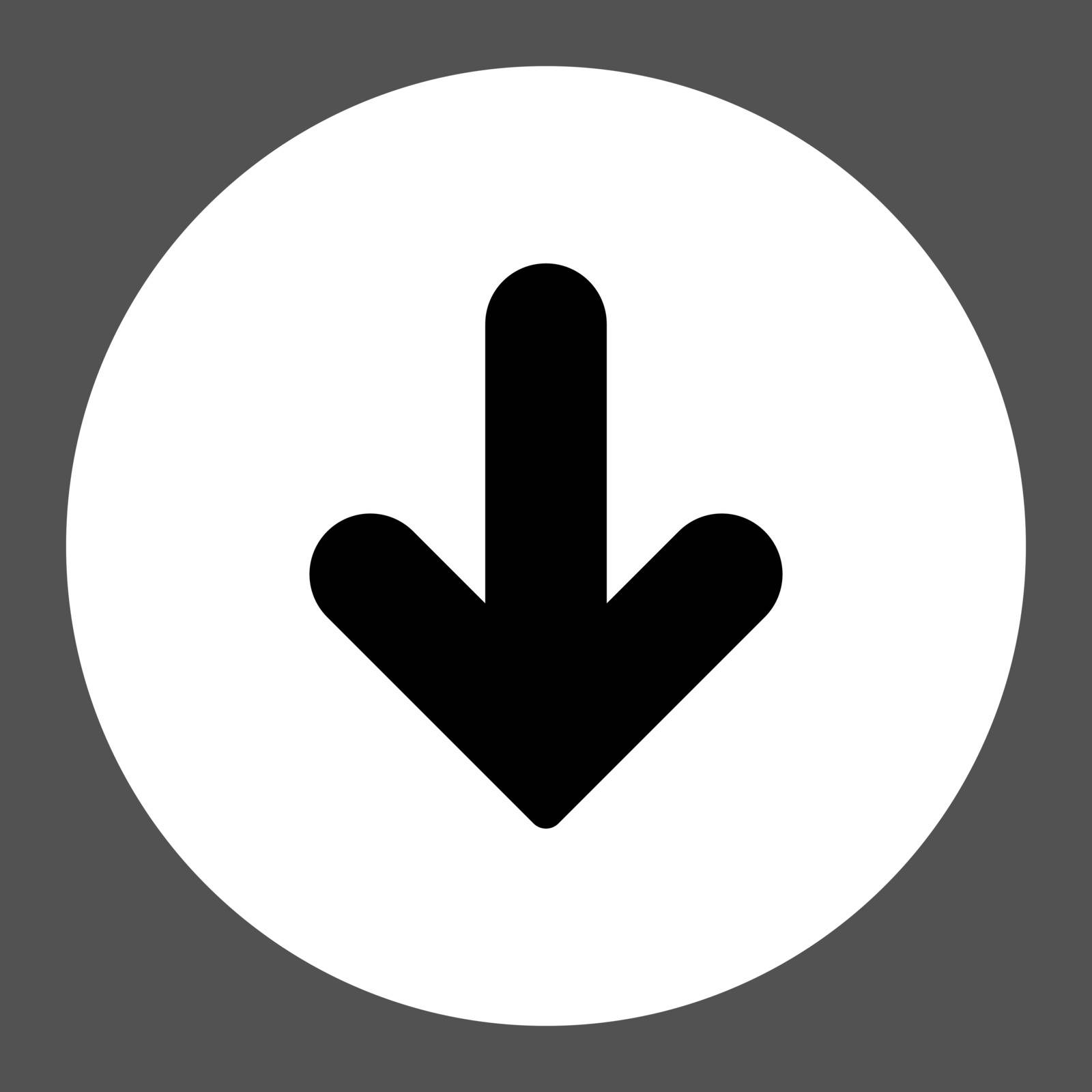 Arrow Down icon. This round flat button is drawn with black and white colors on a gray background.