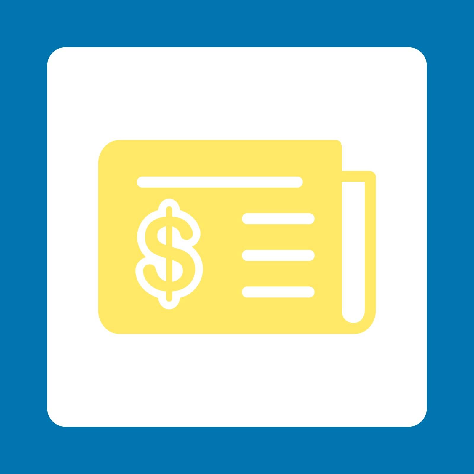 Financial News icon from Commerce Buttons OverColor Set. Vector style is yellow and white colors, flat square rounded button, blue background.