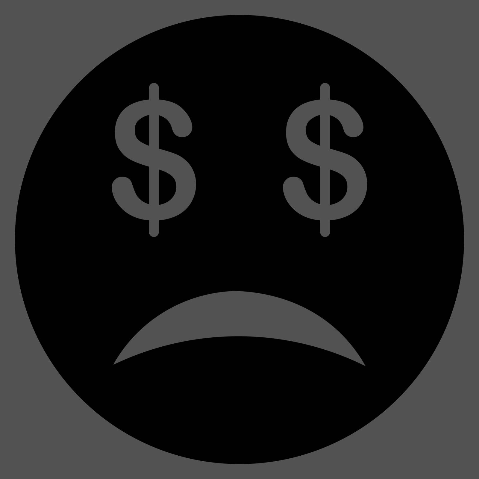 Bankrupt Smiley icon from Commerce Set. Vector style is flat symbol, black color, rounded angles, gray background.