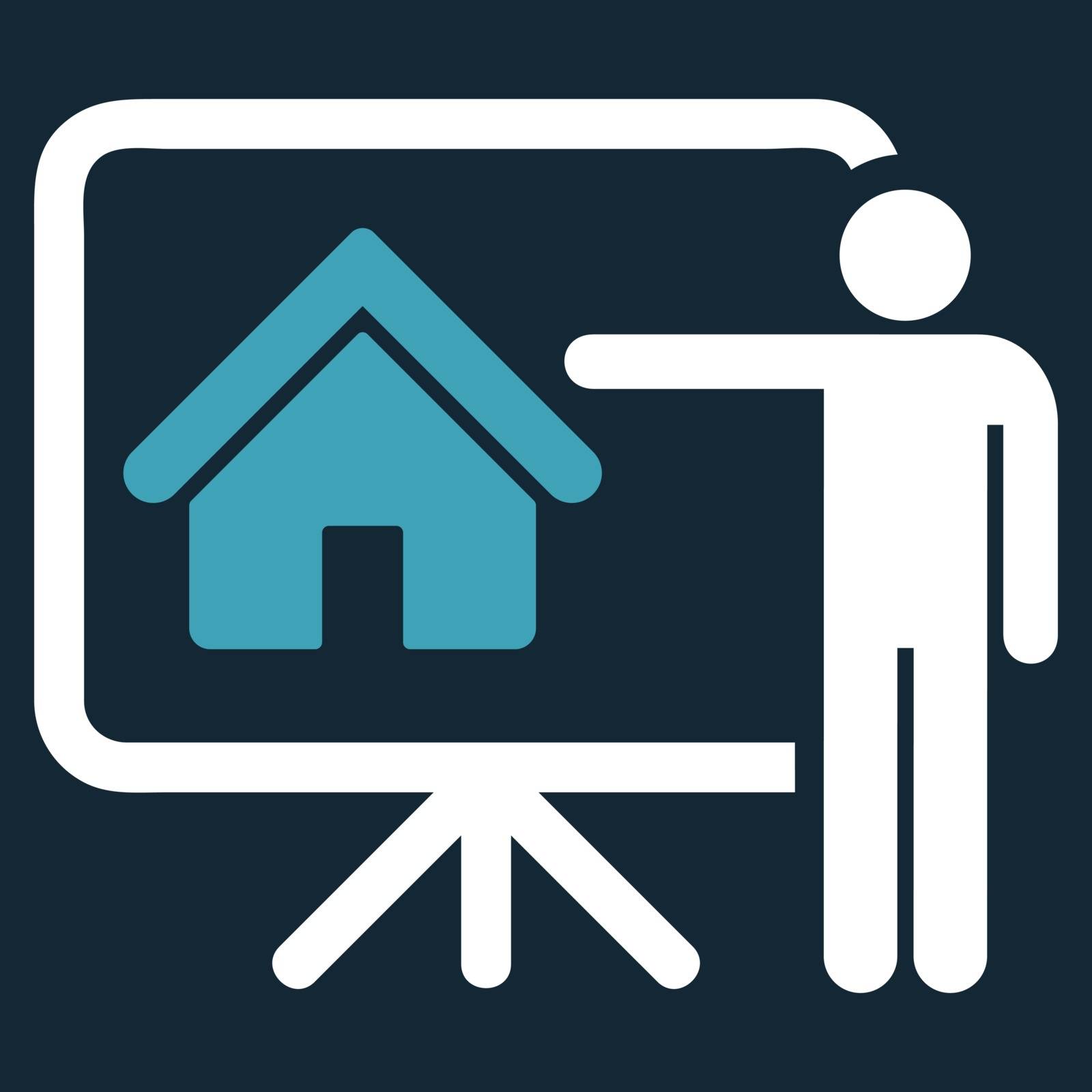 Realtor icon. Vector style is bicolor flat symbol, blue and white colors, rounded angles, dark blue background.