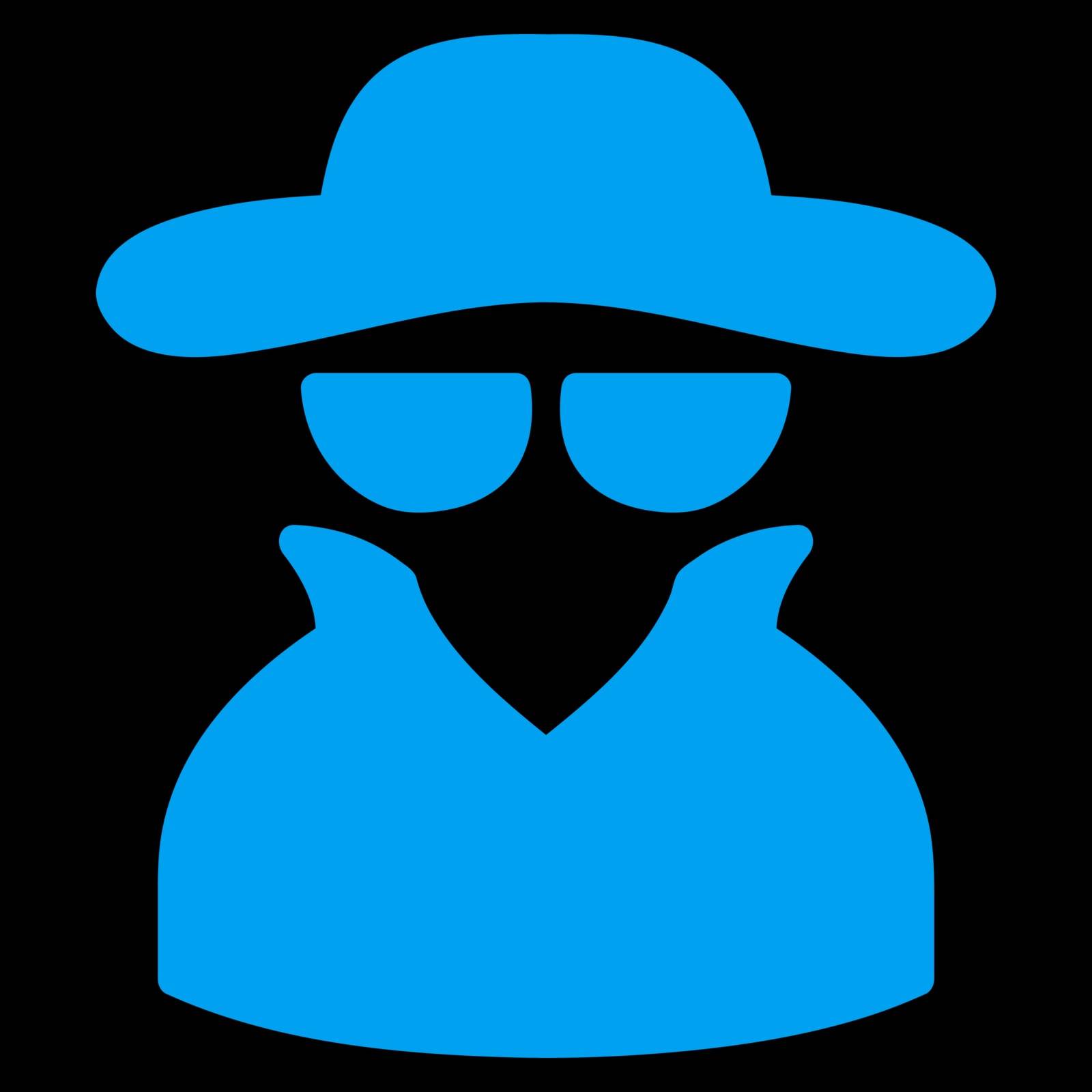 Spy icon. Vector style is flat symbol, blue color, rounded angles, black background.