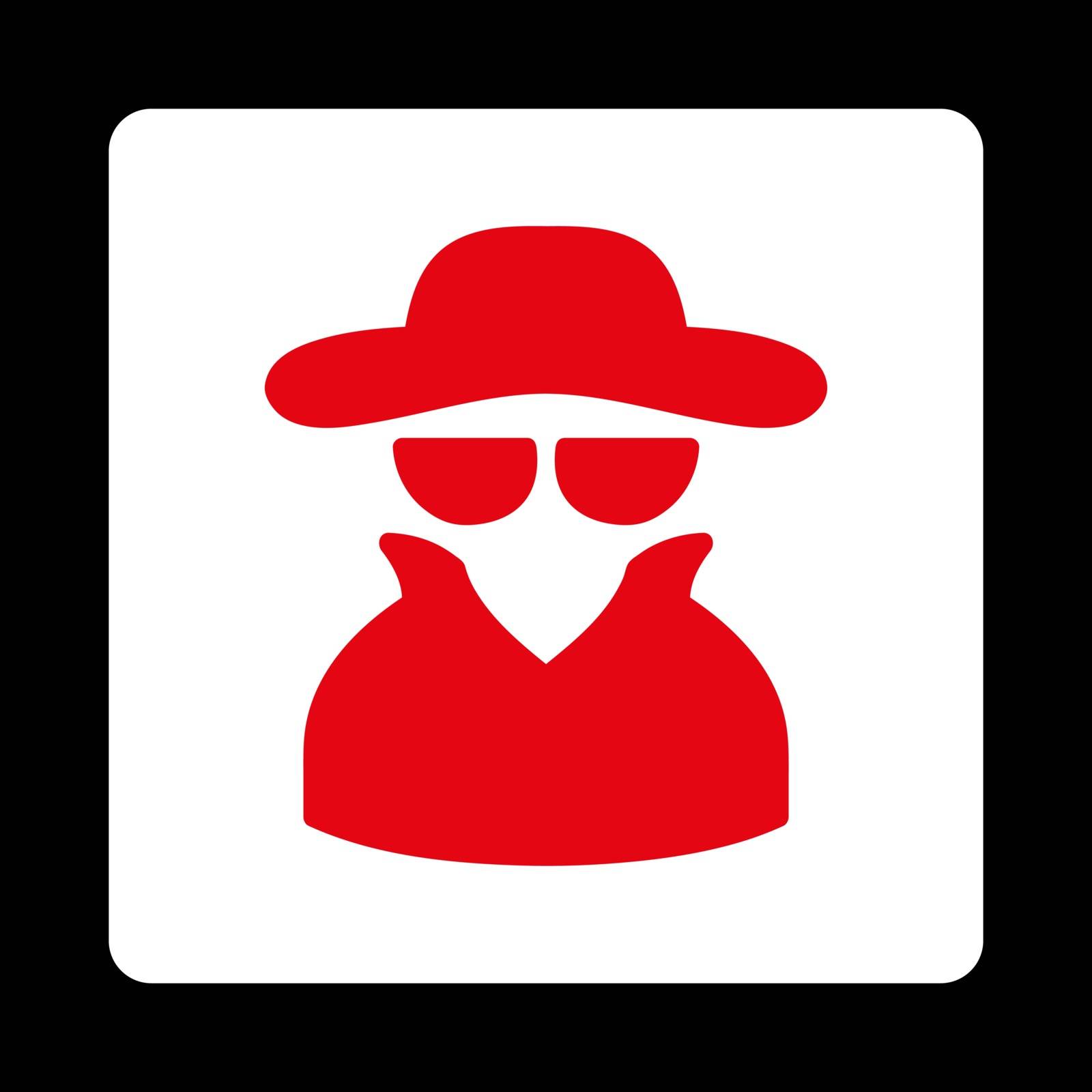 Spy icon. Vector style is red and white colors, flat rounded square button on a black background.