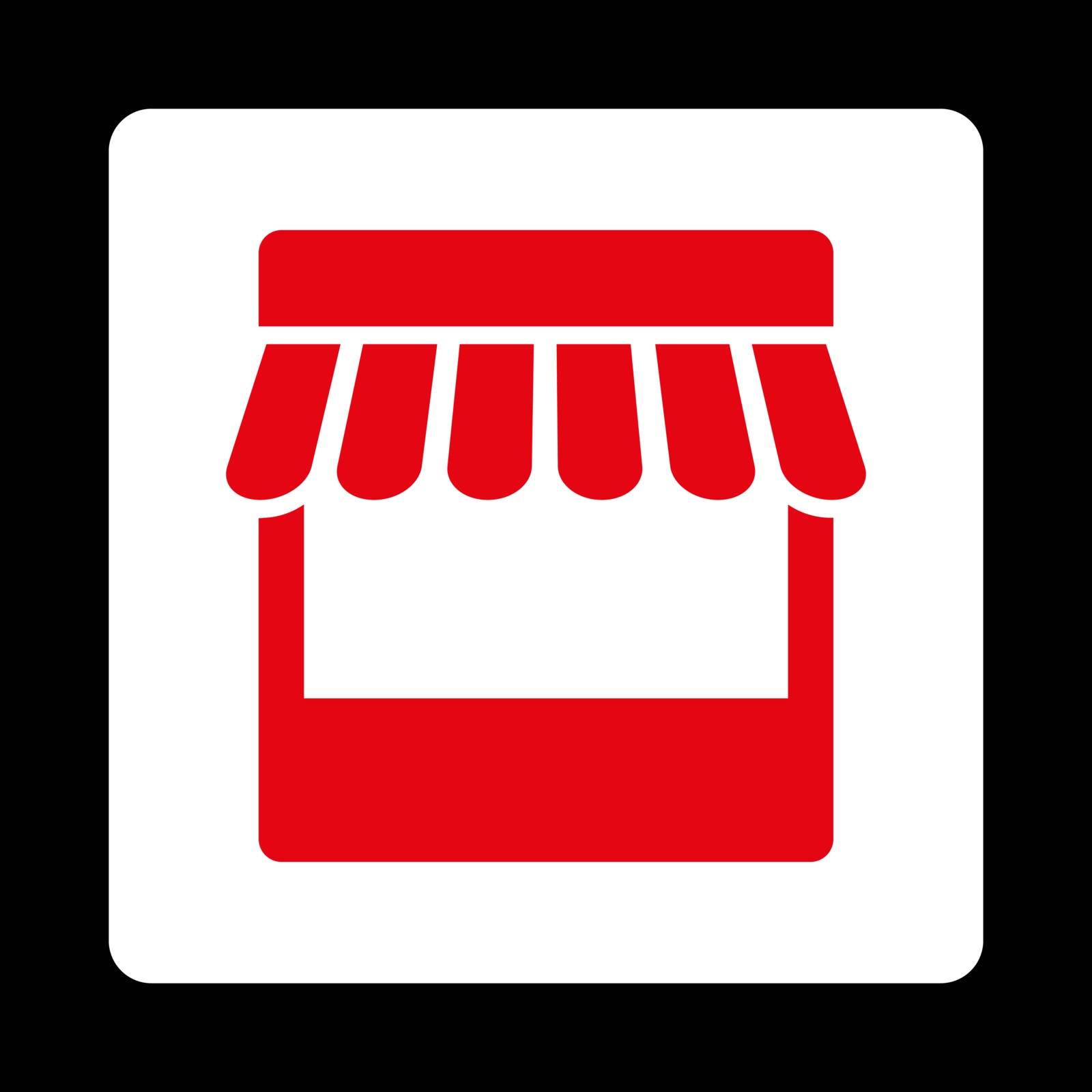 Store icon. Vector style is red and white colors, flat rounded square button on a black background.