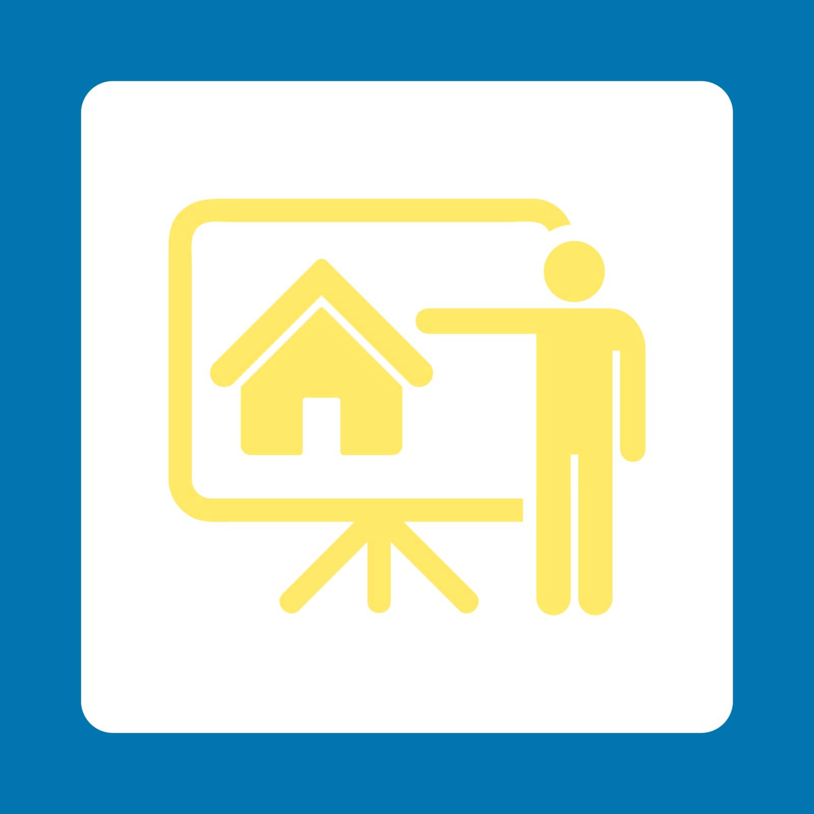 Realtor icon. Vector style is yellow and white colors, flat rounded square button on a blue background.
