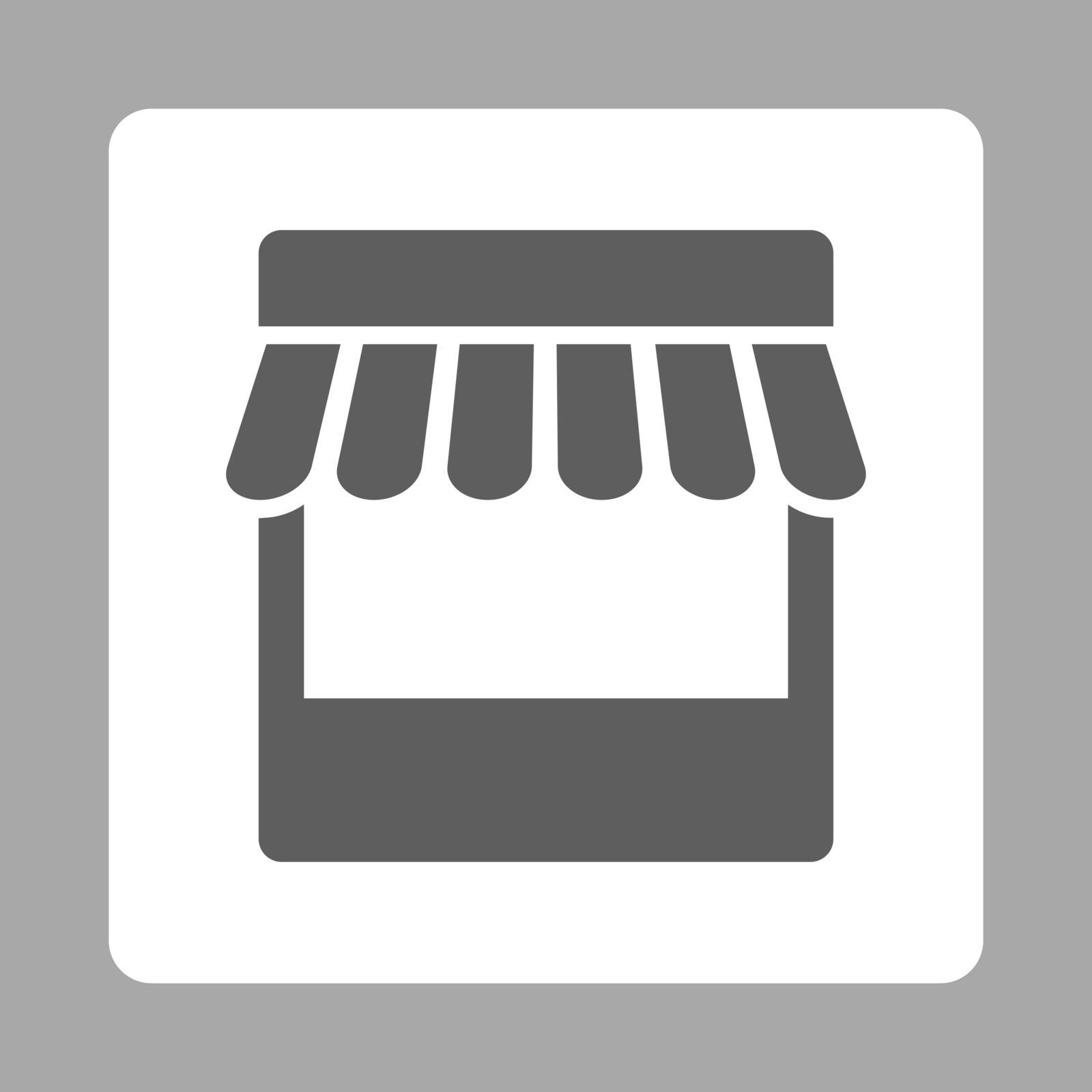 Store icon. Vector style is dark gray and white colors, flat rounded square button on a silver background.