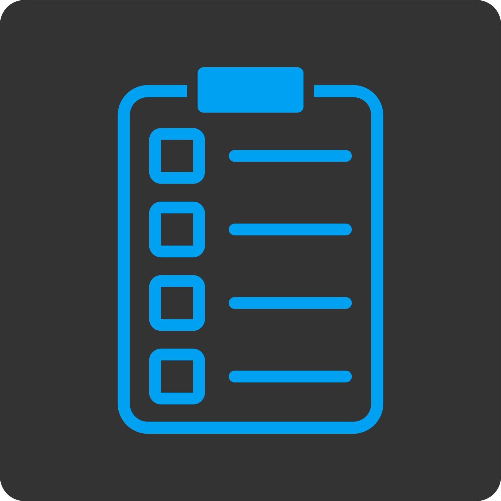 Examination icon. Vector style is blue and gray colors, flat rounded square button on a white background.