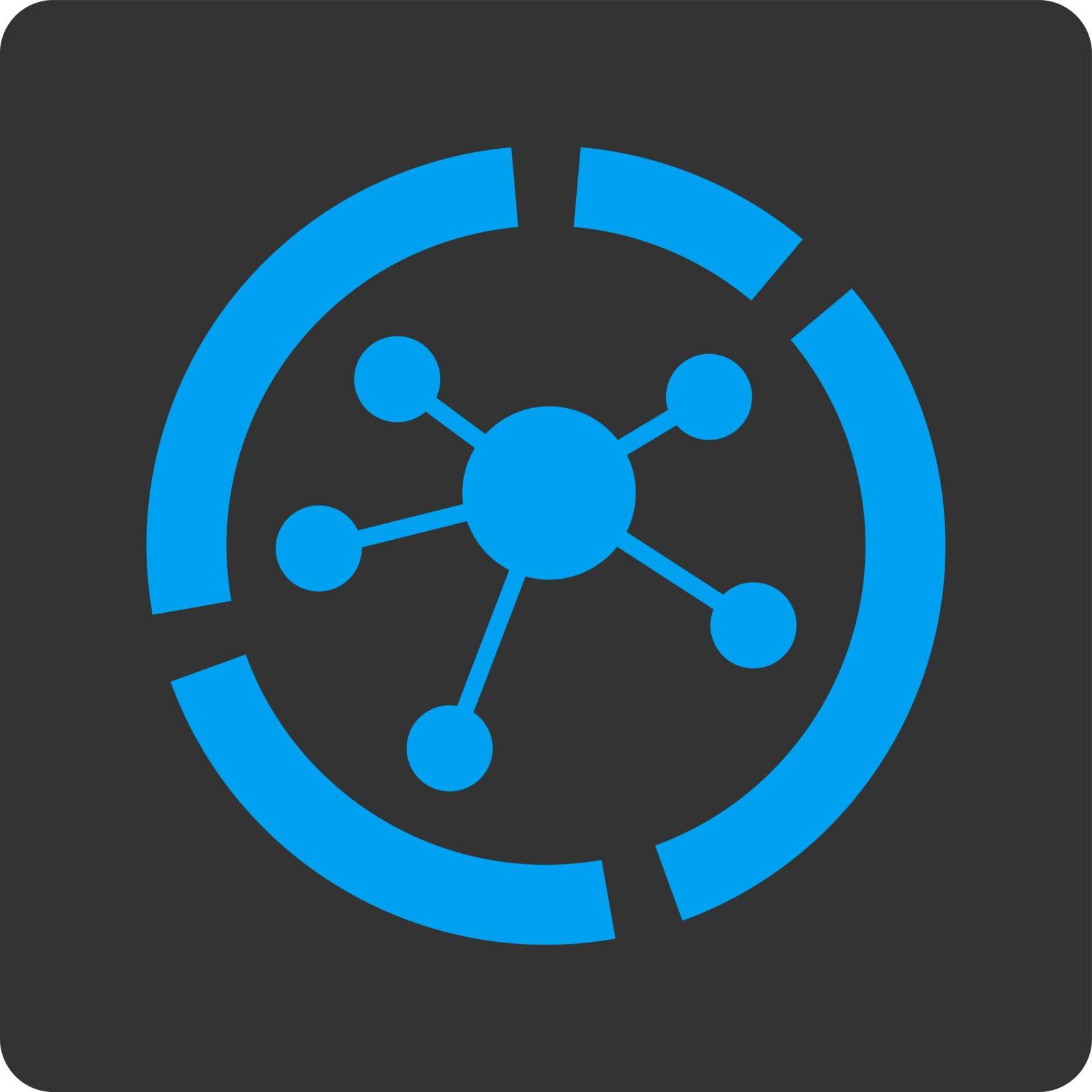 Connections diagram icon. Vector style is blue and gray colors, flat rounded square button on a white background.