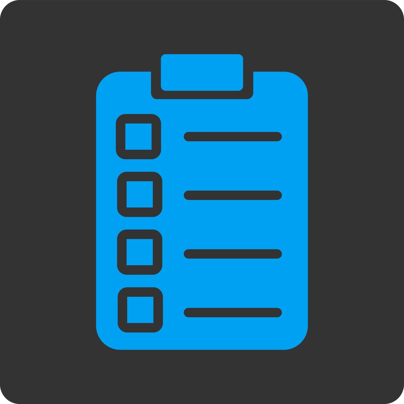 Test task icon. Vector style is blue and gray colors, flat rounded square button on a white background.