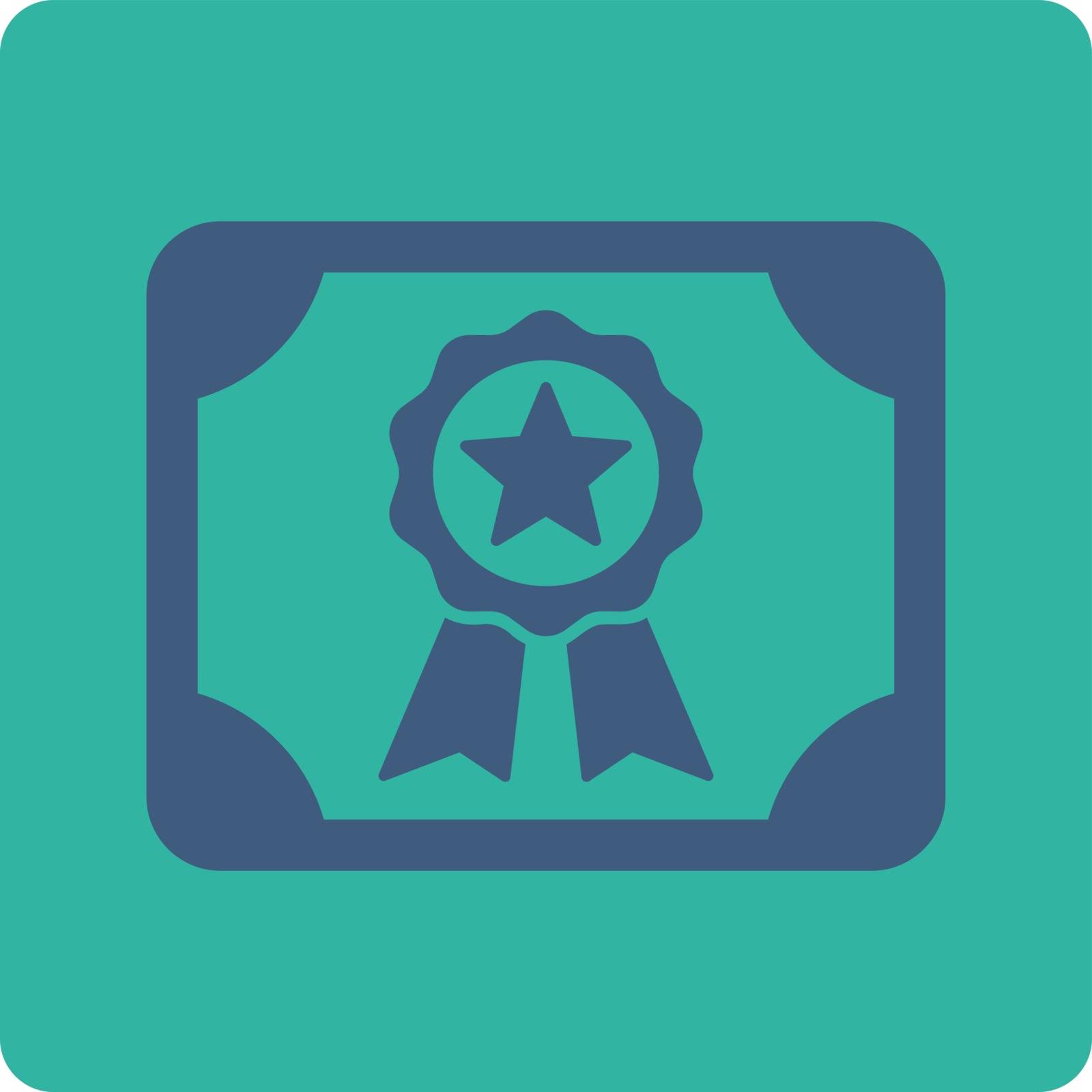 Certificate icon. Vector style is cobalt and cyan colors, flat rounded square button on a white background.