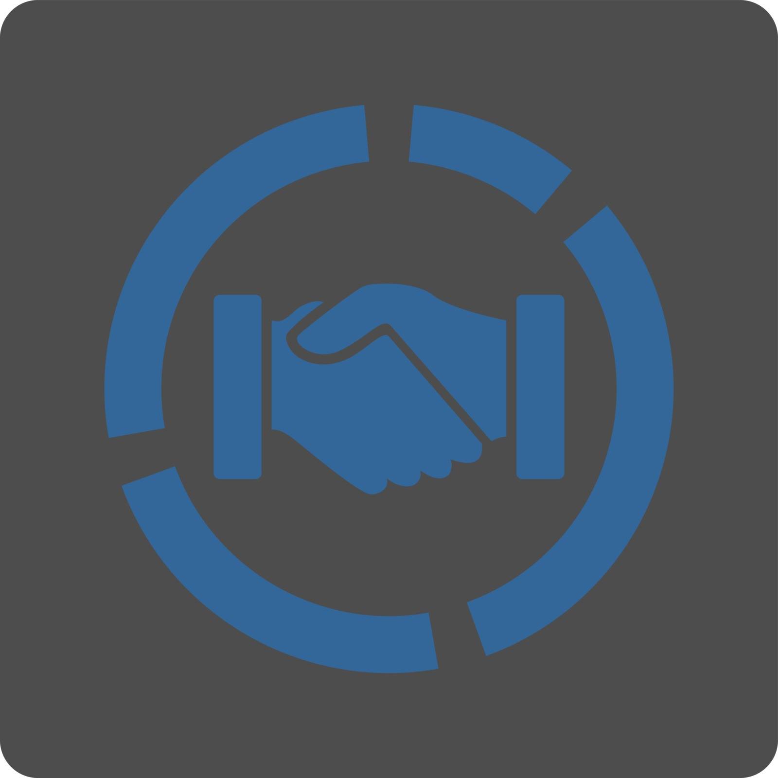 Acquisition diagram icon. Vector style is cobalt and gray colors, flat rounded square button on a white background.