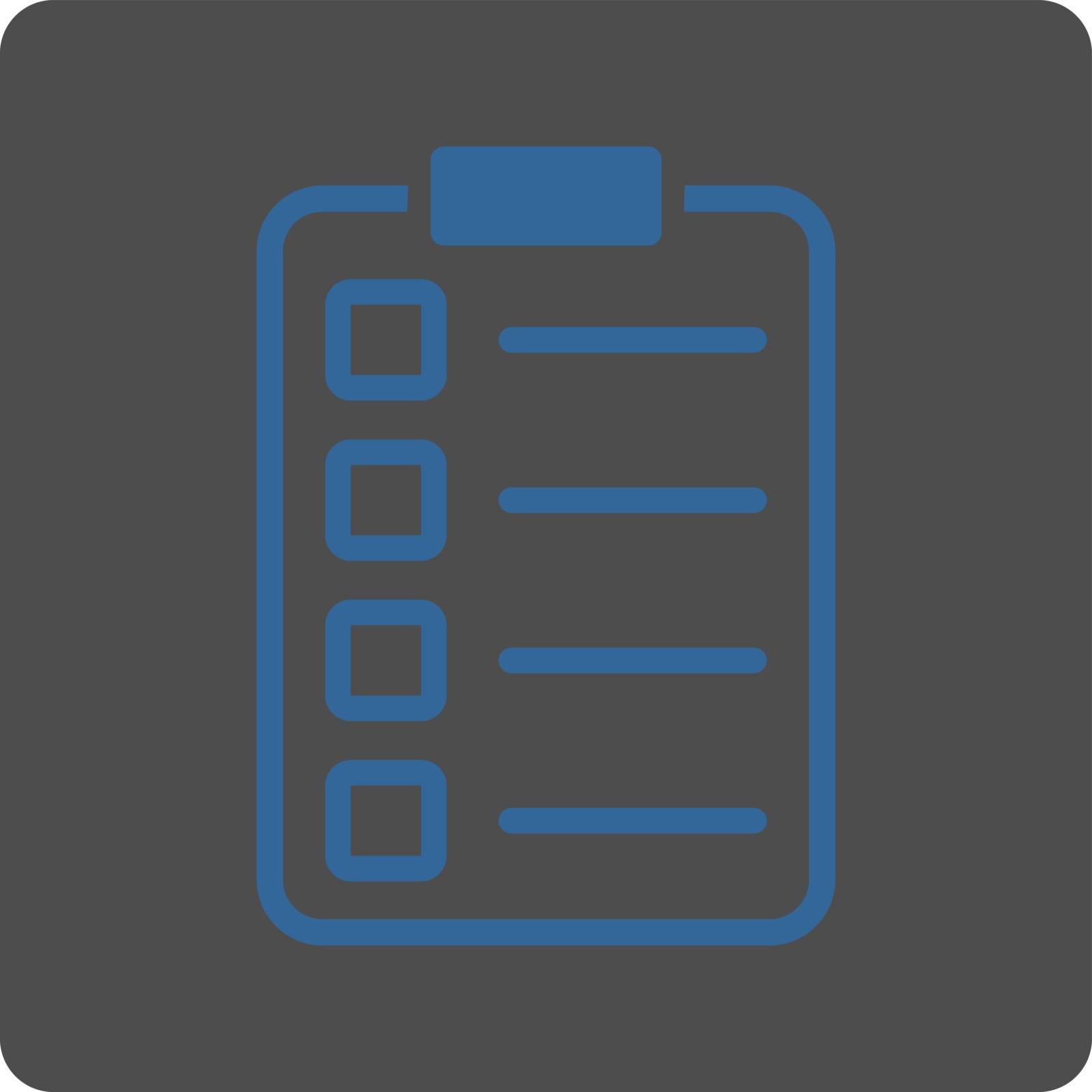Examination icon. Vector style is cobalt and gray colors, flat rounded square button on a white background.